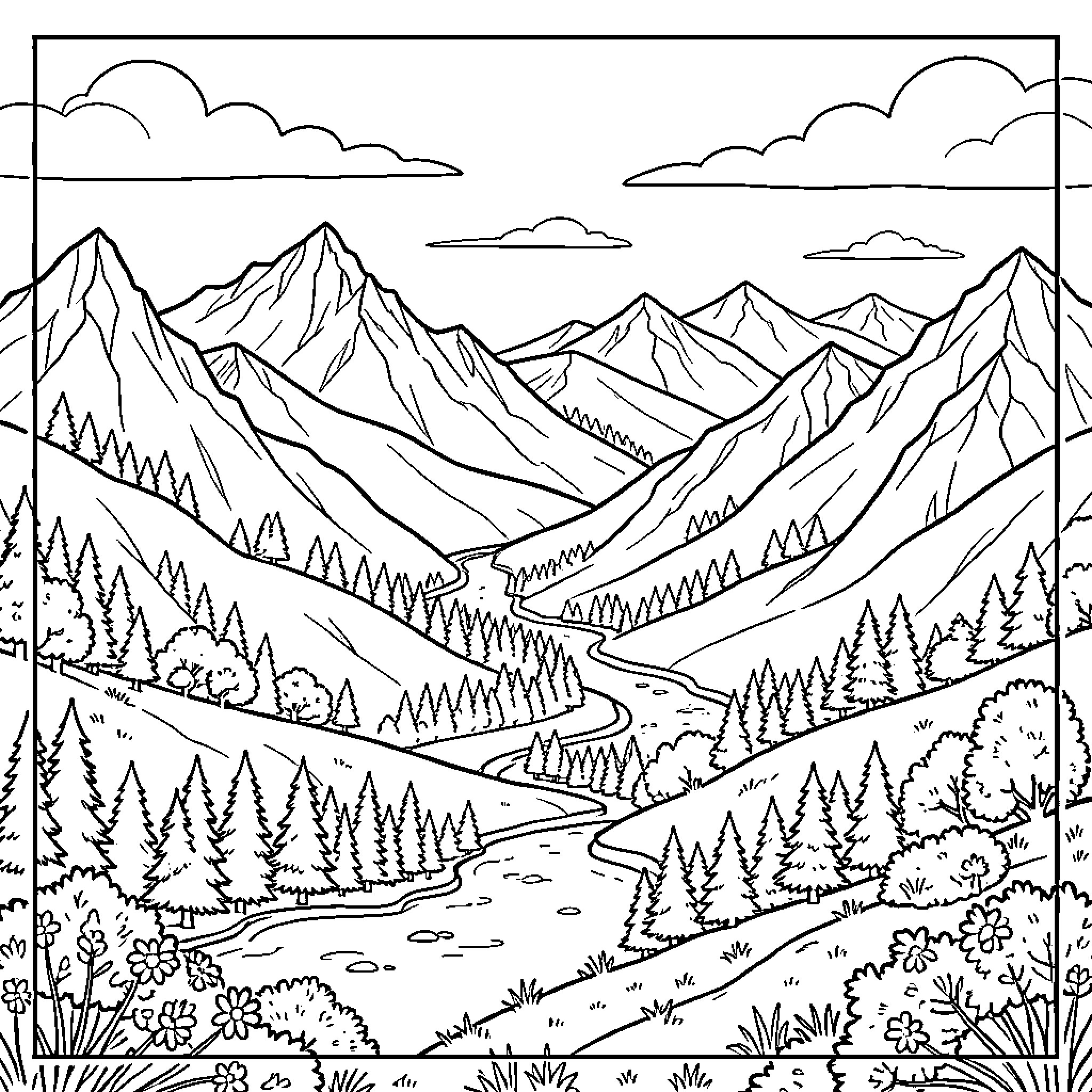 Landscape of majestic mountains and winding river Coloring Page (free black-and-white line drawing printable PDF for all, from beginners to advanced learners, including children, teens, adults, and seniors)
