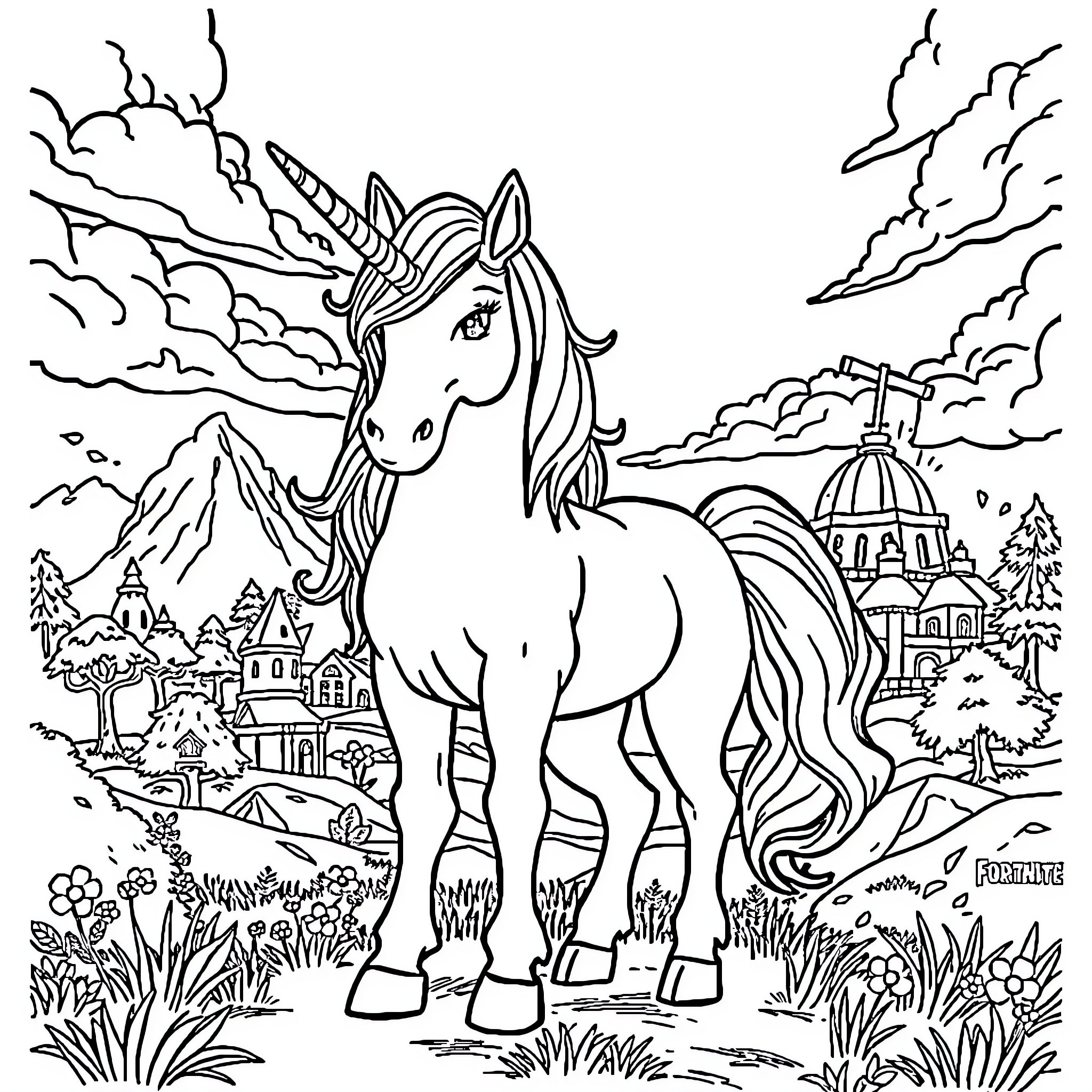 Unicorn standing majestically in a fantastical landscape Coloring Page (free black-and-white line drawing printable PDF for all, from beginners to advanced learners, including children, teens, adults, and seniors)