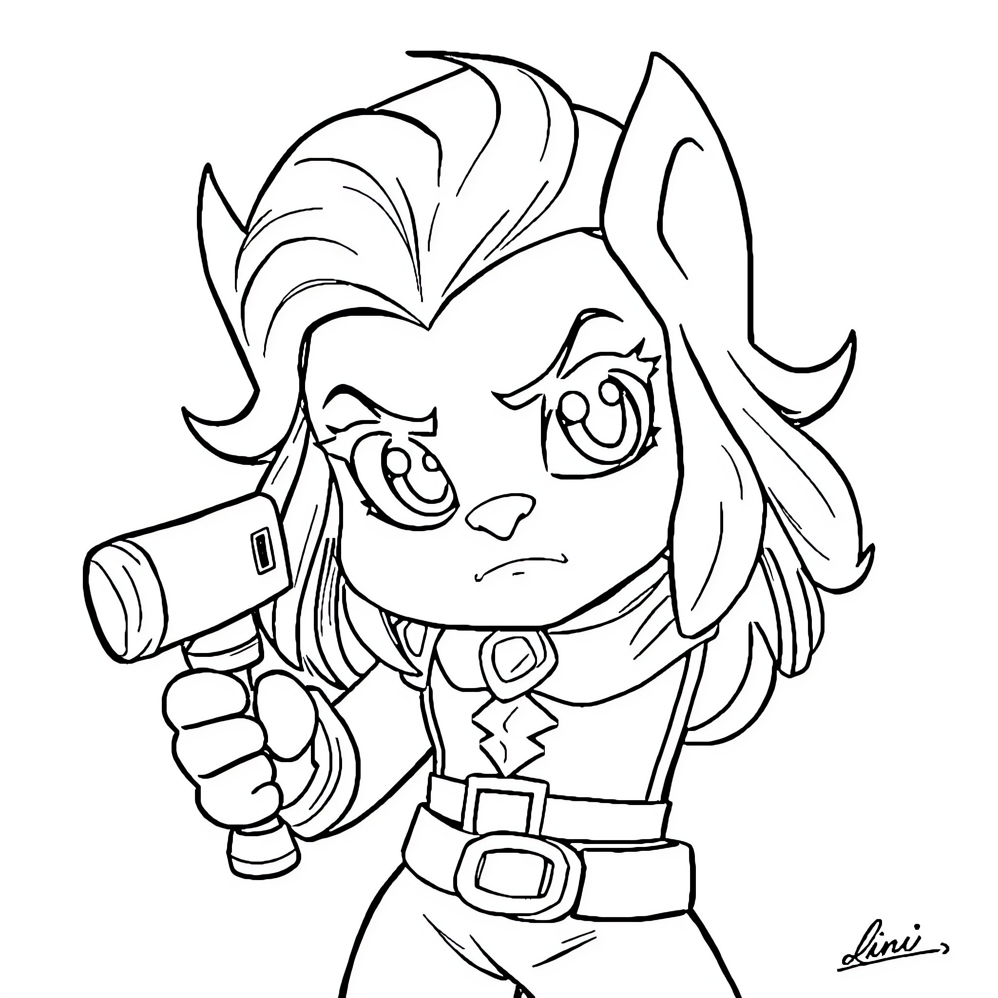 Lilo holding a gadget with a determined expression Coloring Page (free black-and-white line drawing printable PDF for all, from beginners to advanced learners, including children, teens, adults, and seniors)