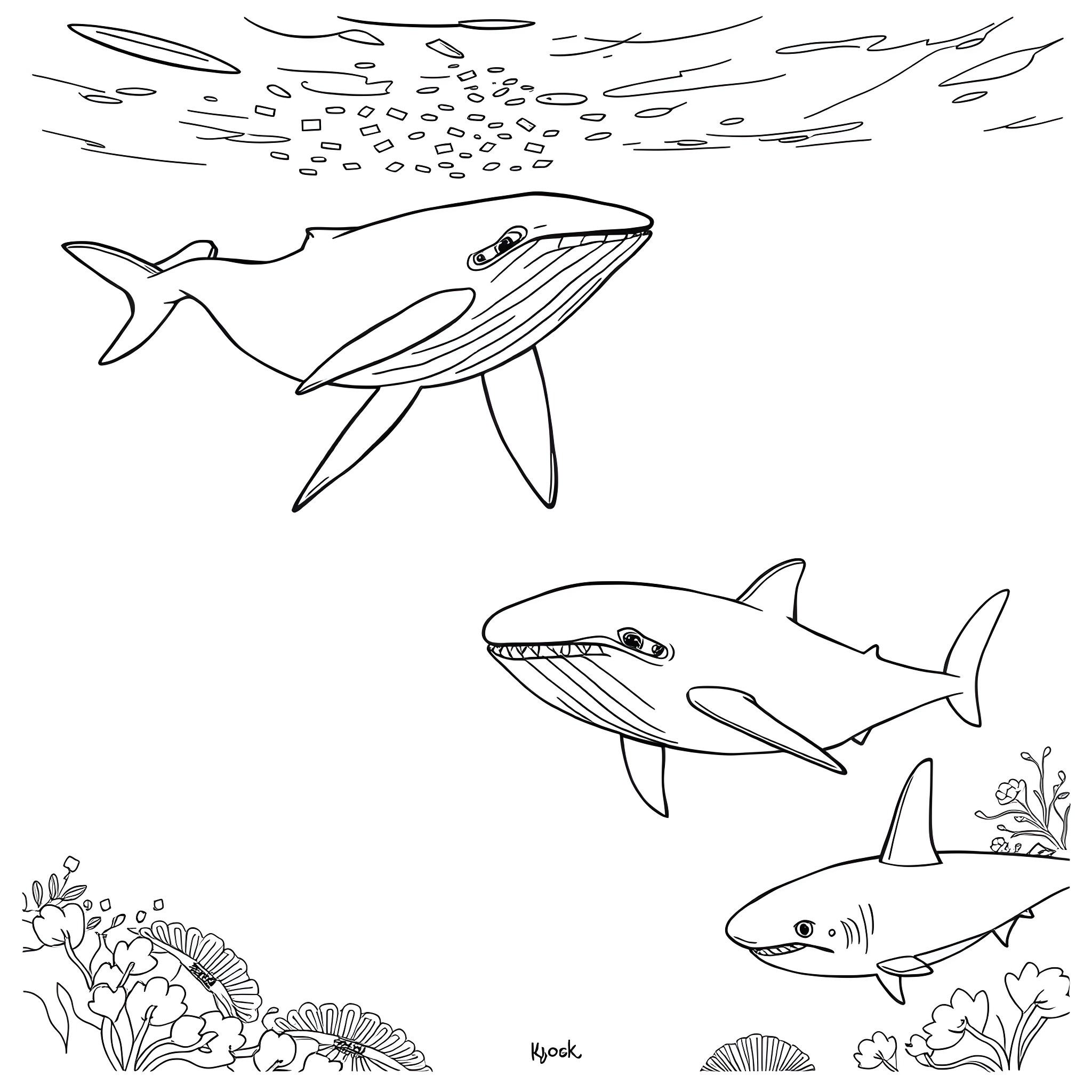 Whale sharks swimming in the ocean Coloring Page (free black-and-white line drawing printable PDF for all, from beginners to advanced learners, including children, teens, adults, and seniors)