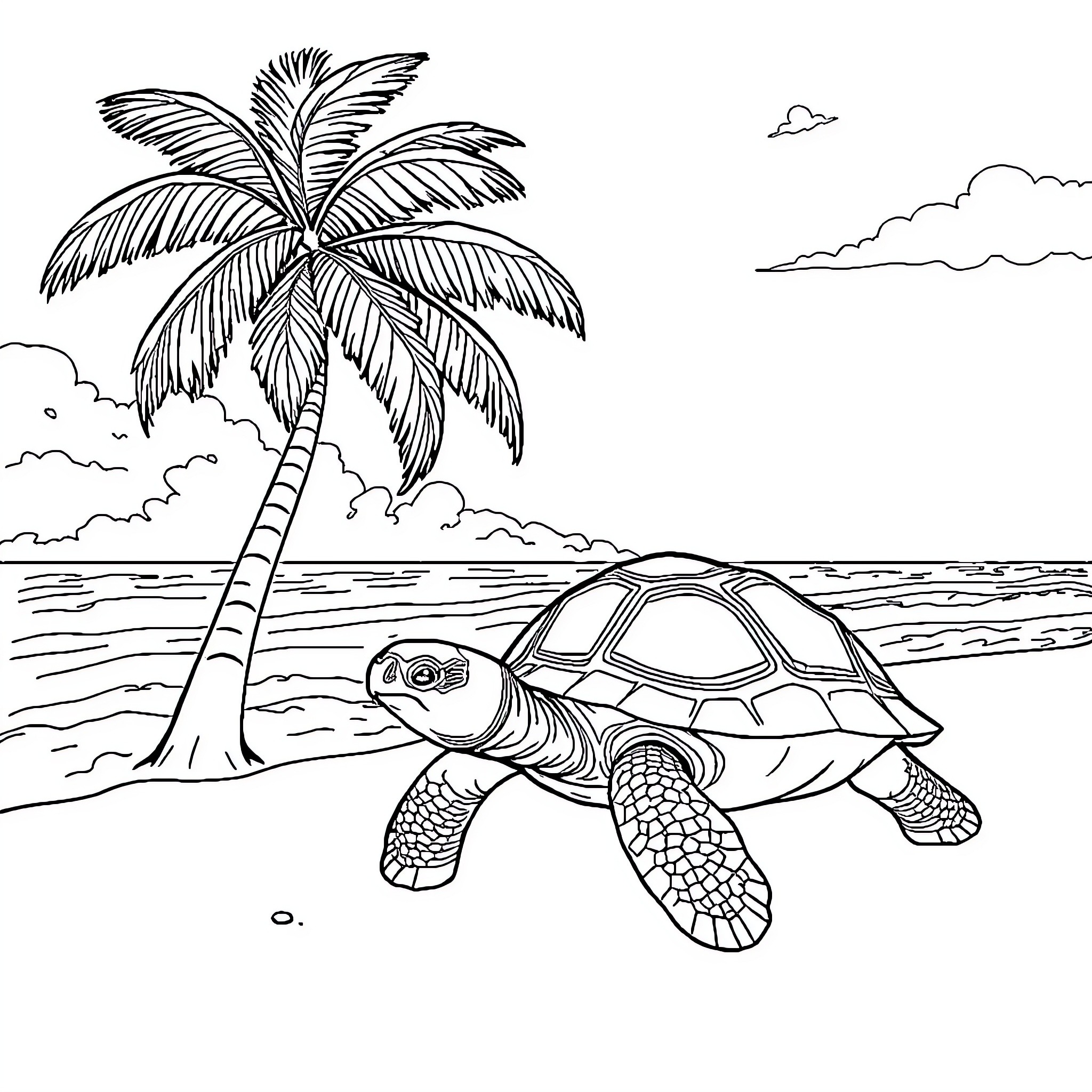 Turtle relaxing on the beach under a palm tree Coloring Page (free black-and-white line drawing printable PDF for all, from beginners to advanced learners, including children, teens, adults, and seniors)