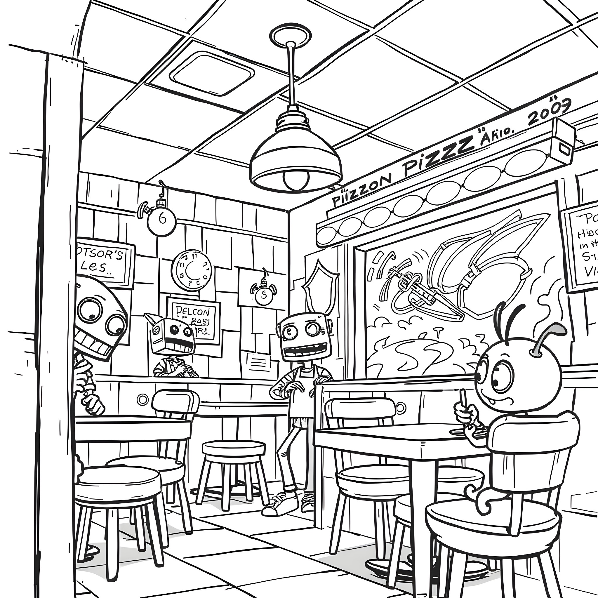 FNAF Characters in a Retro Pizza Parlor Coloring Page (free black-and-white line drawing printable PDF for all, from beginners to advanced learners, including children, teens, adults, and seniors)