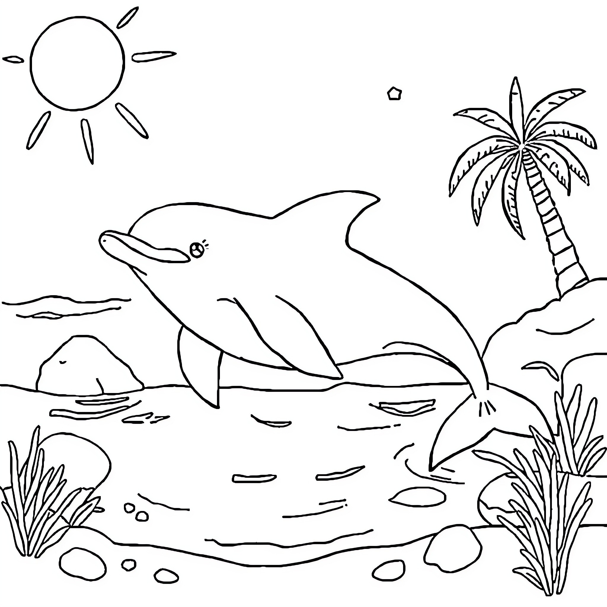 Beluga playing in tropical seascape Coloring Page (free black-and-white line drawing printable PDF for all, from beginners to advanced learners, including children, teens, adults, and seniors)