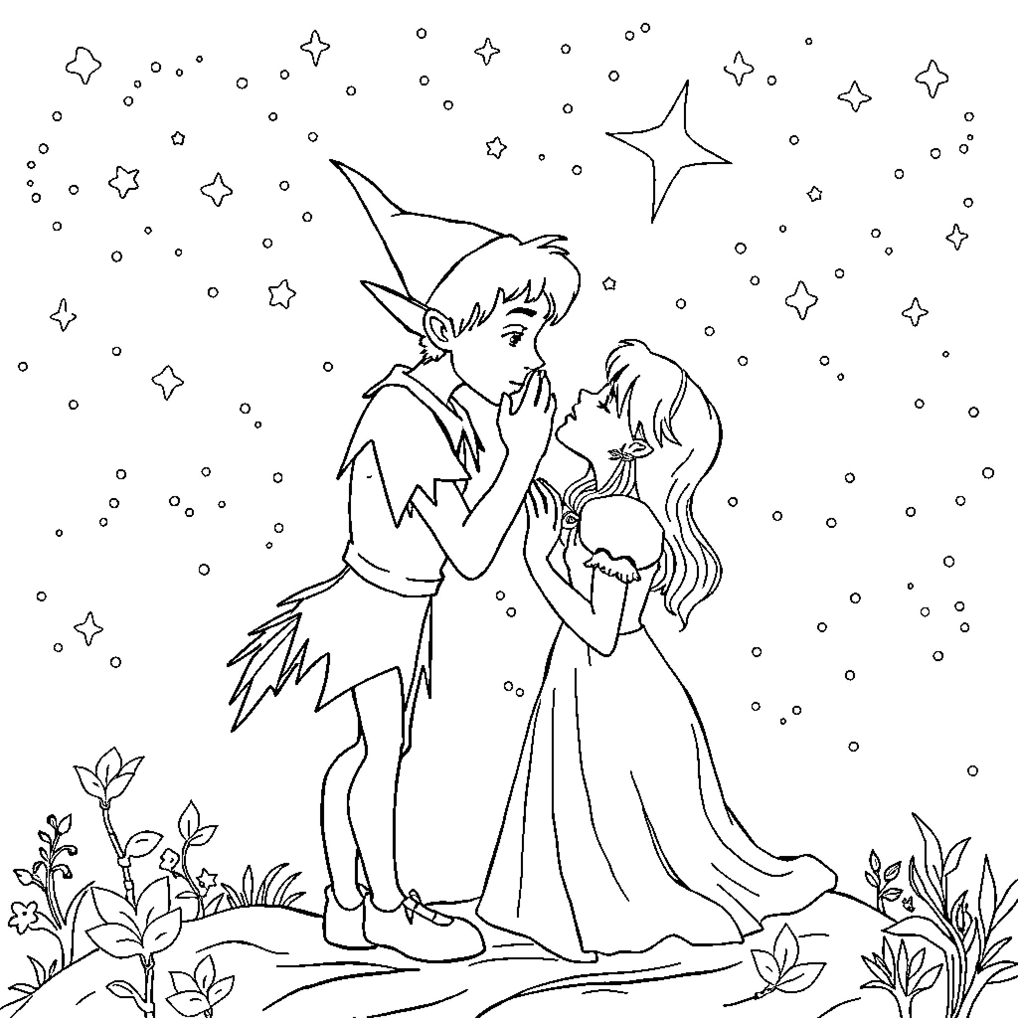 Peter Pan and Wendy dancing under the stars Coloring Page (free black-and-white line drawing printable PDF for all, from beginners to advanced learners, including children, teens, adults, and seniors)