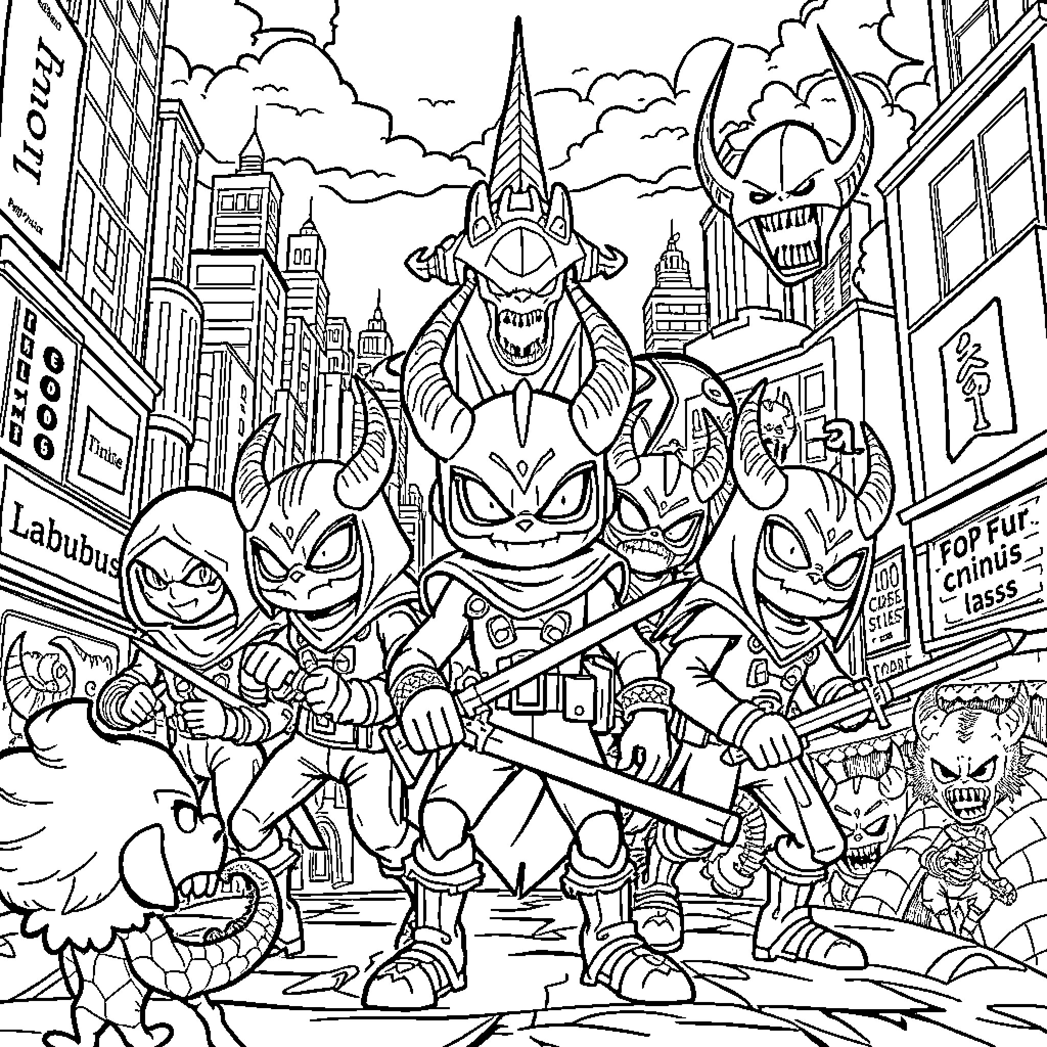 Labubu's Heroic Adventure in the Cosmic City Coloring Page (free black-and-white line drawing printable PDF for all, from beginners to advanced learners, including children, teens, adults, and seniors)