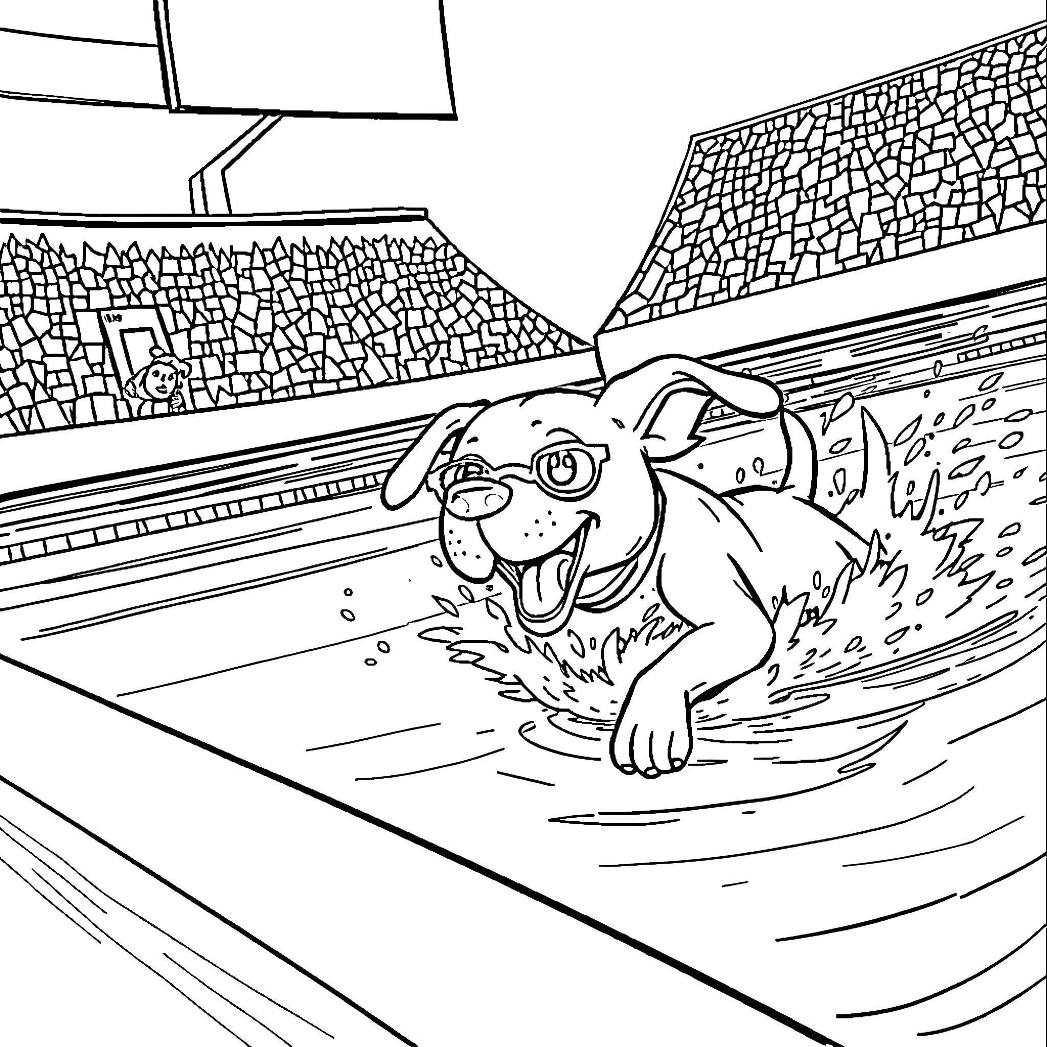 Dog playing happily in the water Coloring Page (free black-and-white line drawing printable PDF for all, from beginners to advanced learners, including children, teens, adults, and seniors)