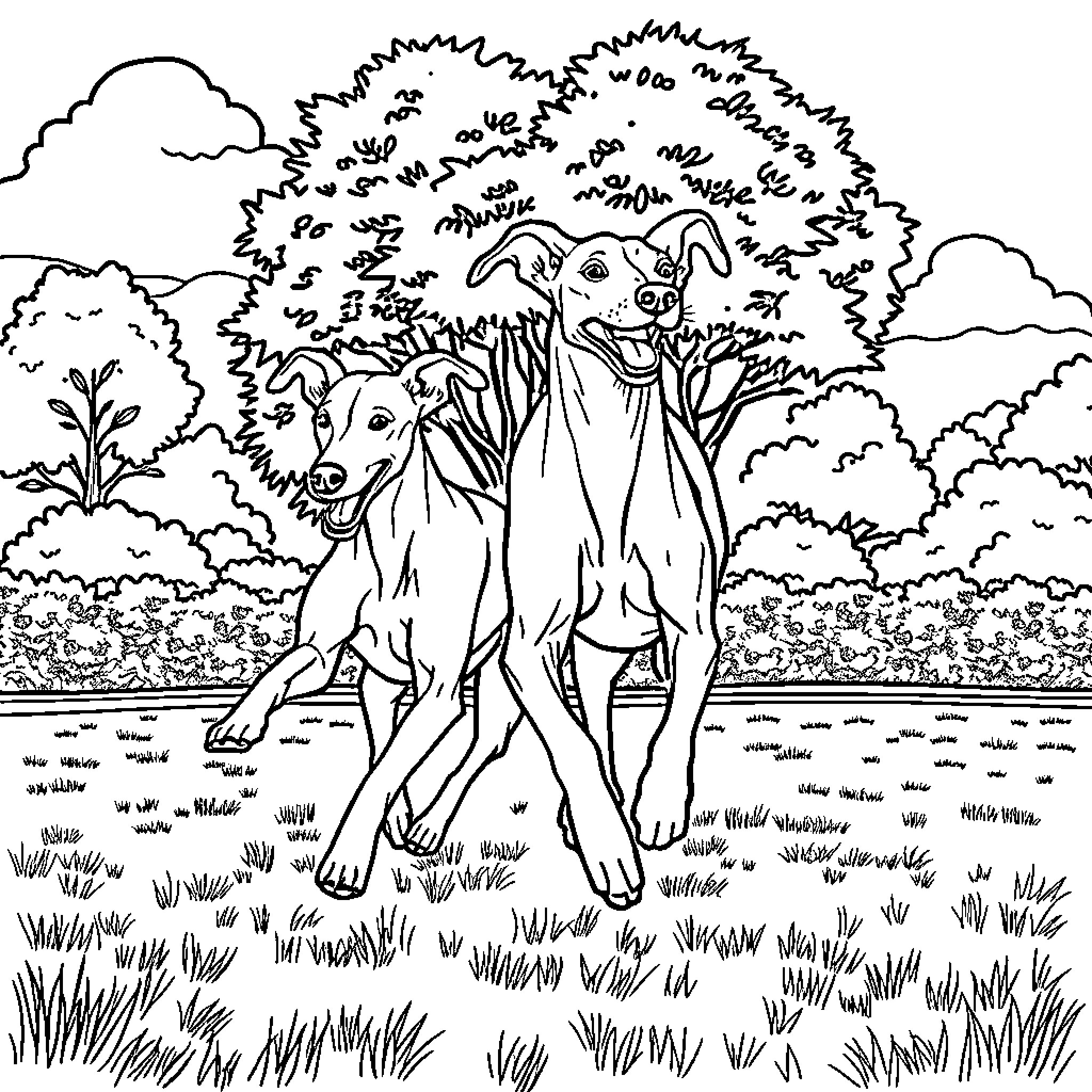 Italian Greyhounds exploring the lush outdoor scenery Coloring Page (free black-and-white line drawing printable PDF for all, from beginners to advanced learners, including children, teens, adults, and seniors)