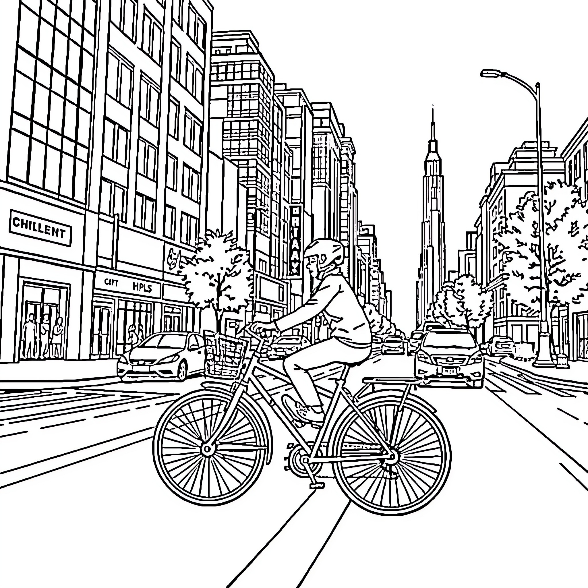 Bike riding through a busy city street Coloring Page (free black-and-white line drawing printable PDF for all, from beginners to advanced learners, including children, teens, adults, and seniors)