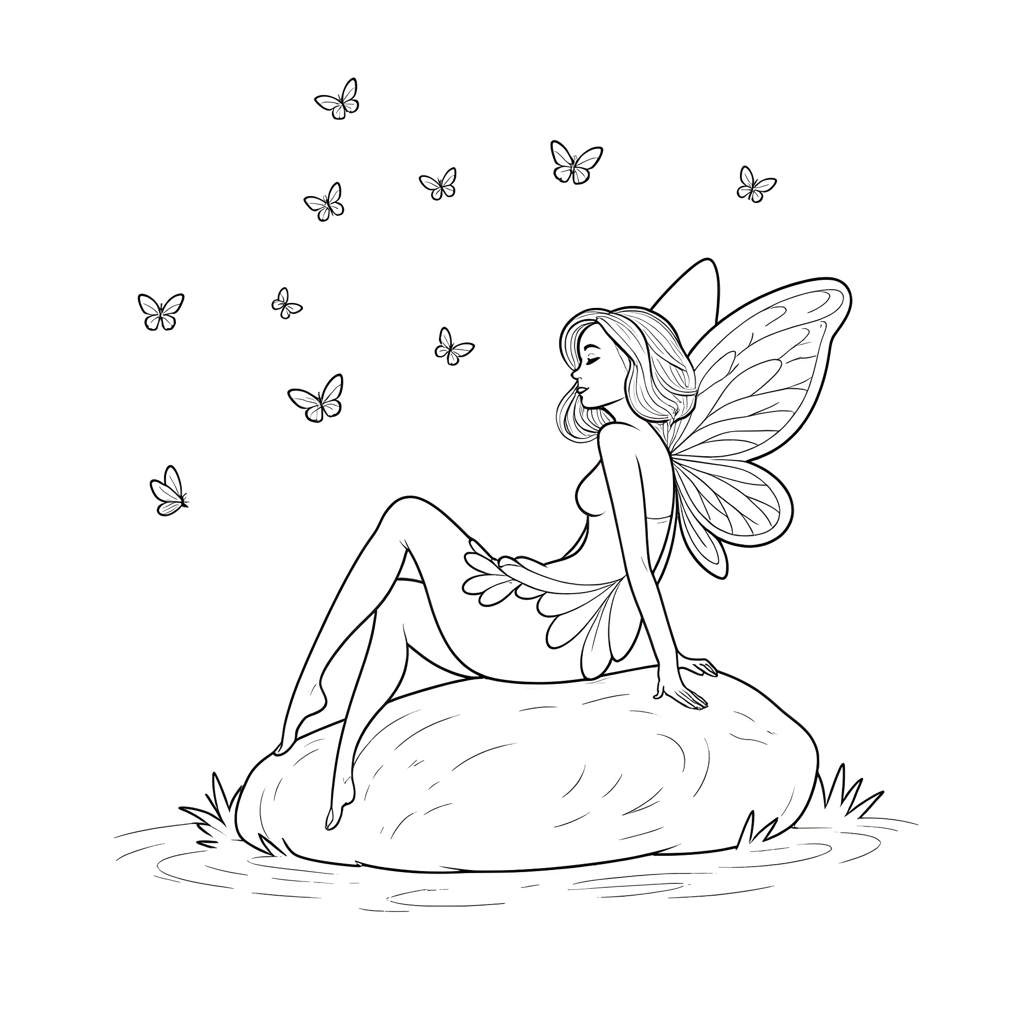 Fairy amidst butterflies in serene nature Coloring Page (free black-and-white line drawing printable PDF for all, from beginners to advanced learners, including children, teens, adults, and seniors)