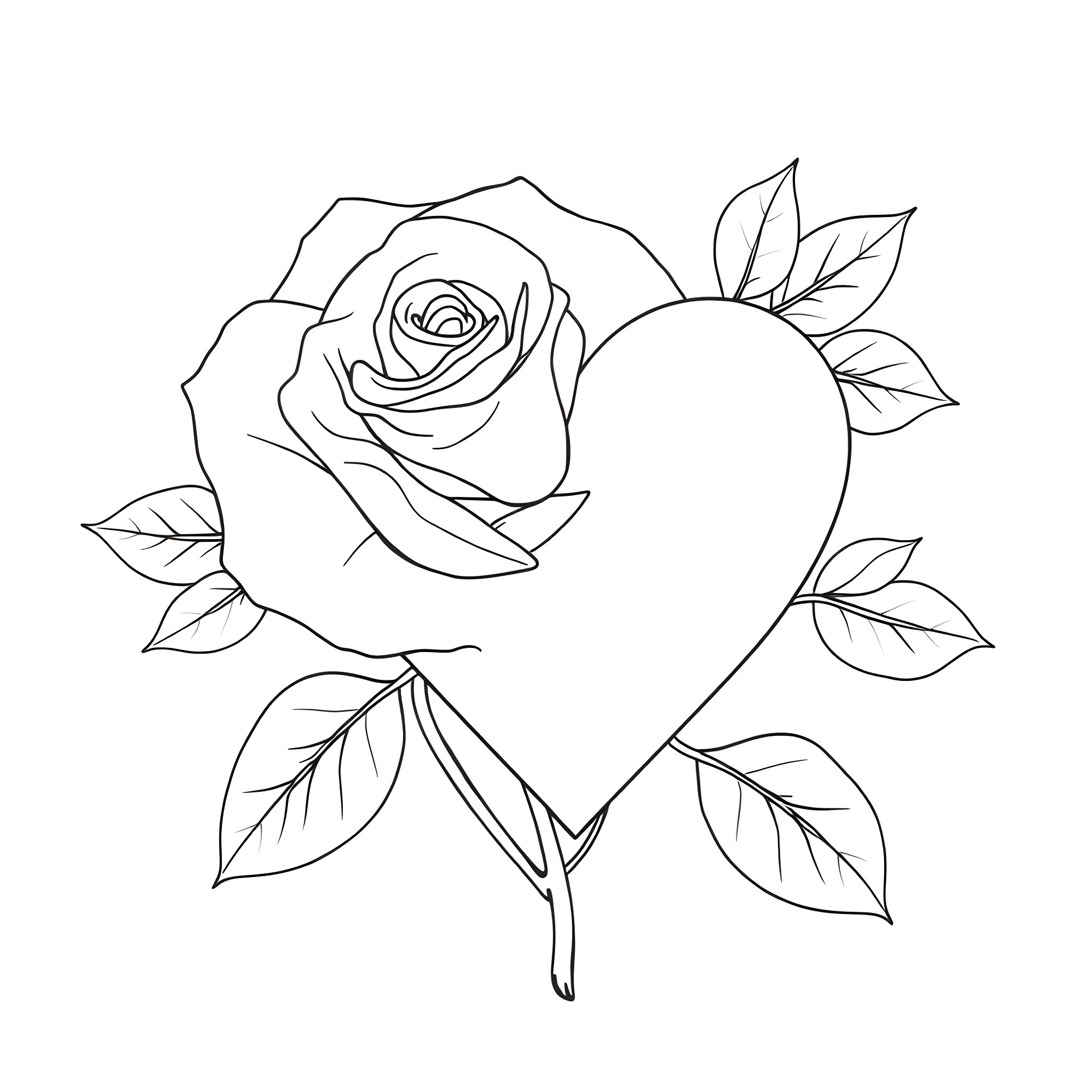 Heart-shaped Rose with Leaves and Vines Coloring Page (free black-and-white line drawing printable PDF for all, from beginners to advanced learners, including children, teens, adults, and seniors)