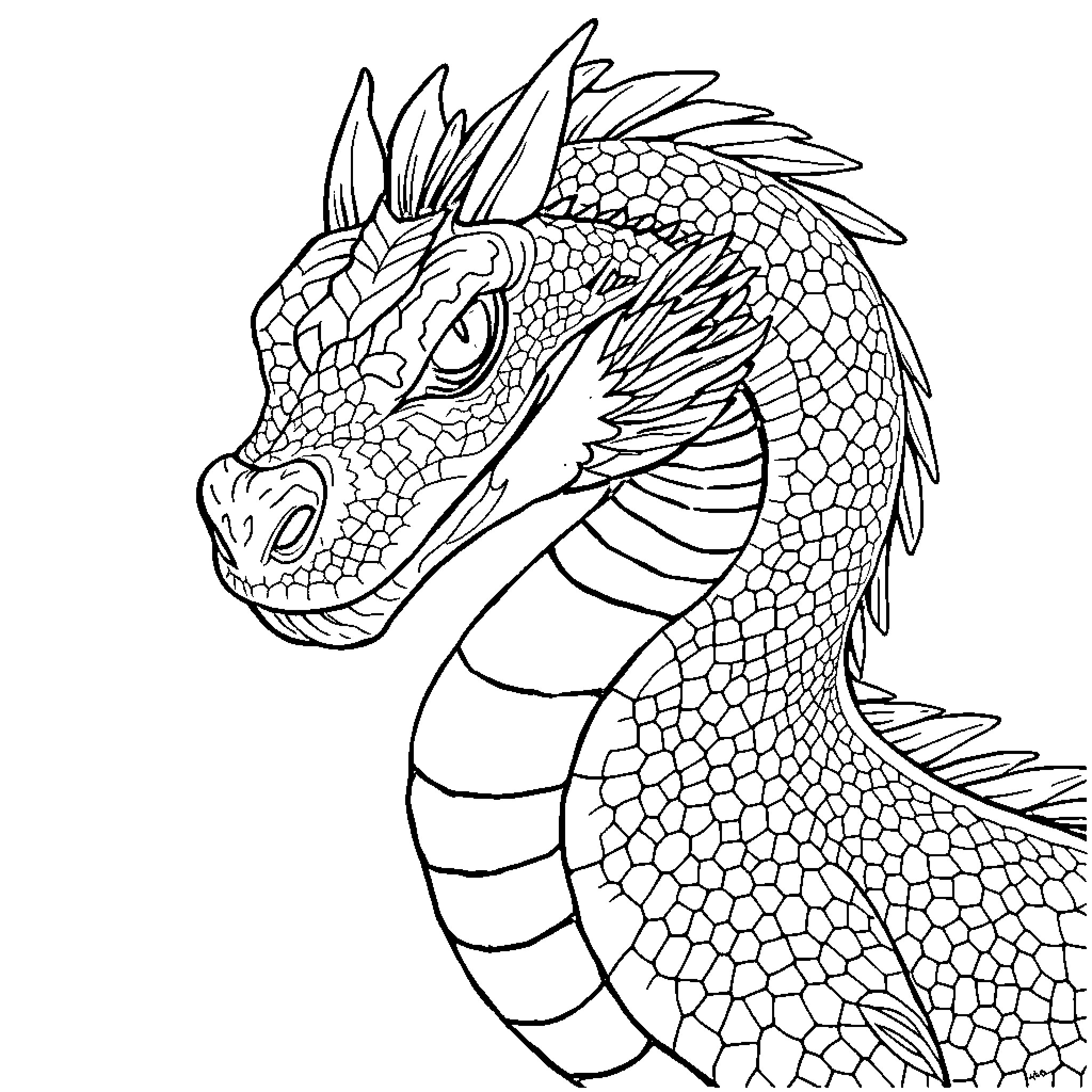Drago the Fierce Dragon Coloring Page (free black-and-white line drawing printable PDF for all, from beginners to advanced learners, including children, teens, adults, and seniors)