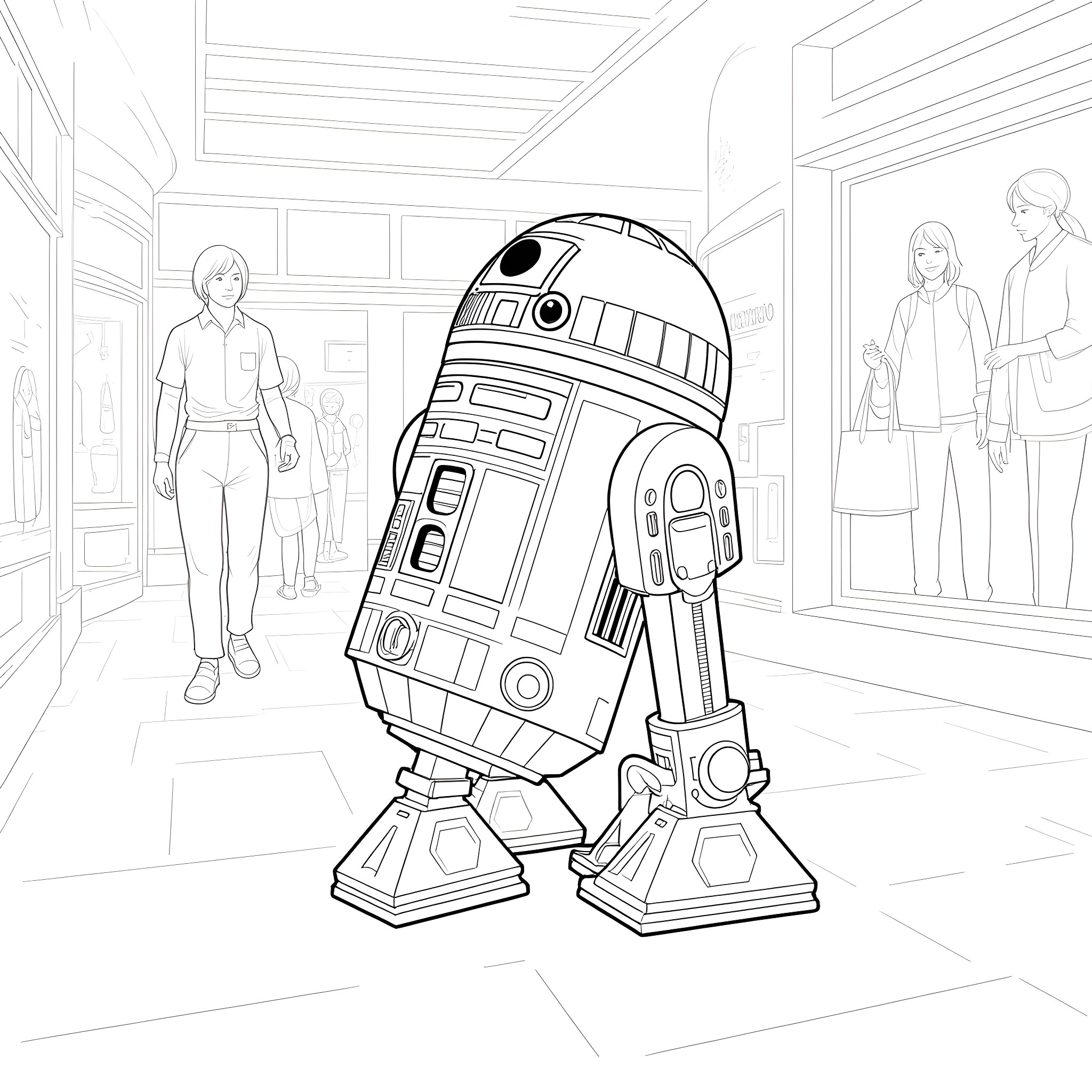 R2D2 interacting with humans in a futuristic setting Coloring Page (free black-and-white line drawing printable PDF for all, from beginners to advanced learners, including children, teens, adults, and seniors)