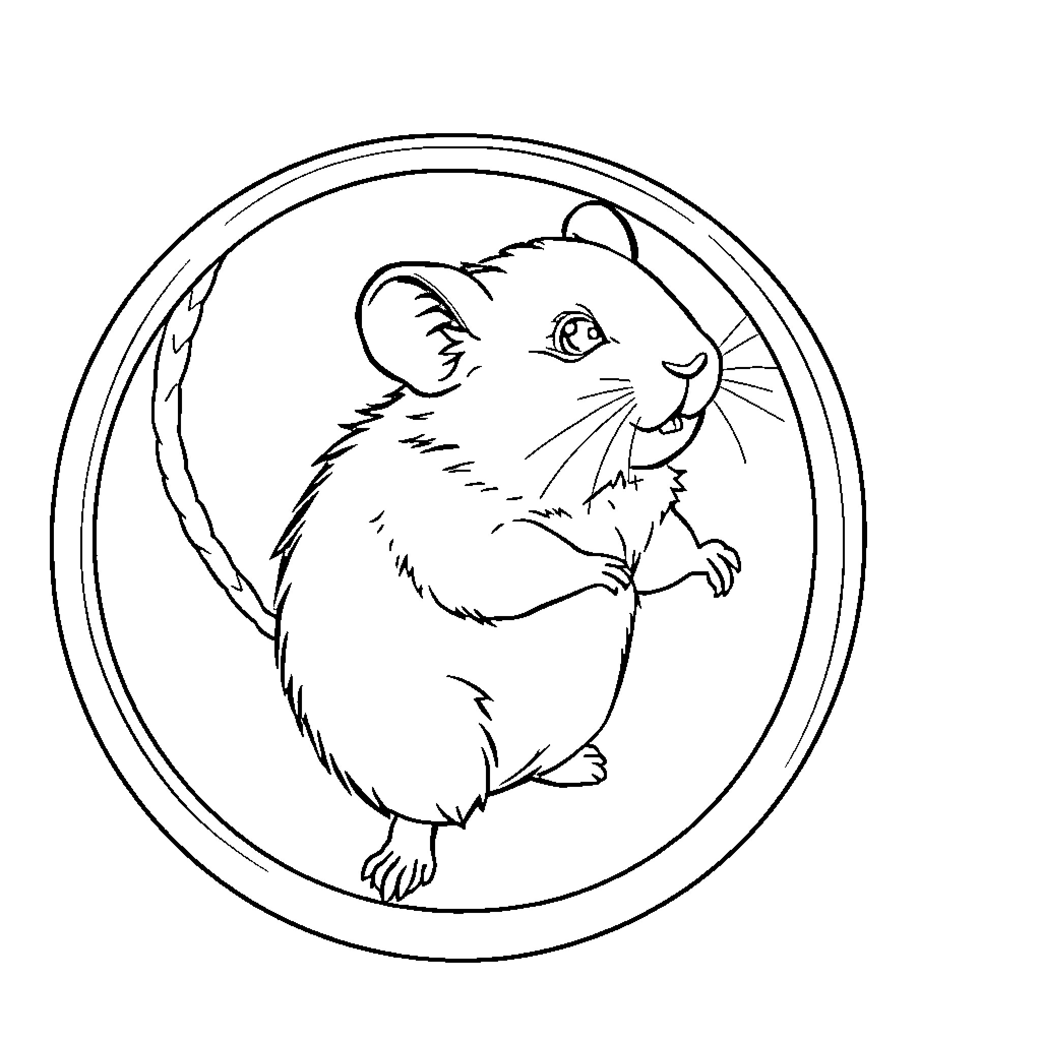 Hamster sitting happily in a circular frame Coloring Page (free black-and-white line drawing printable PDF for all, from beginners to advanced learners, including children, teens, adults, and seniors)