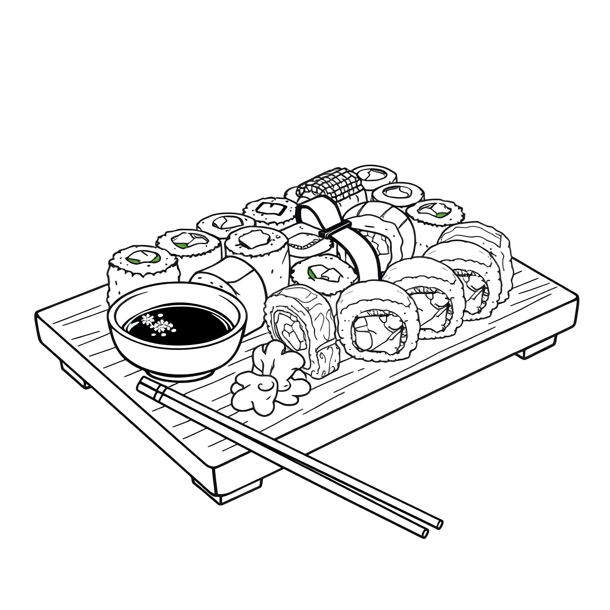 Sushi platter with various rolls and dipping sauce Coloring Page (free black-and-white line drawing printable PDF for all, from beginners to advanced learners, including children, teens, adults, and seniors)