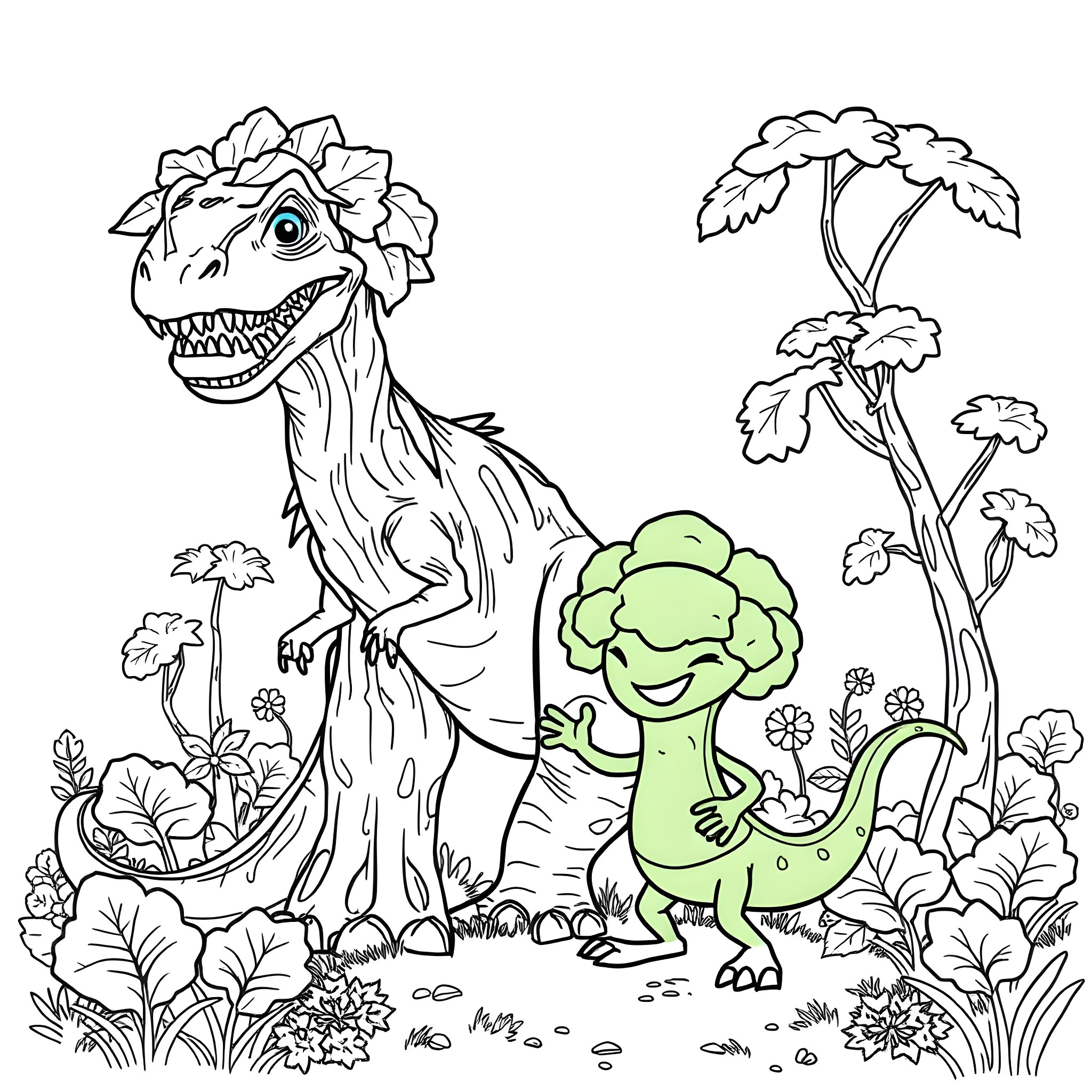 Tree Rex Dinosaur and Friendly Broccoli in Flower Garden Coloring Page (free black-and-white line drawing printable PDF for all, from beginners to advanced learners, including children, teens, adults, and seniors)
