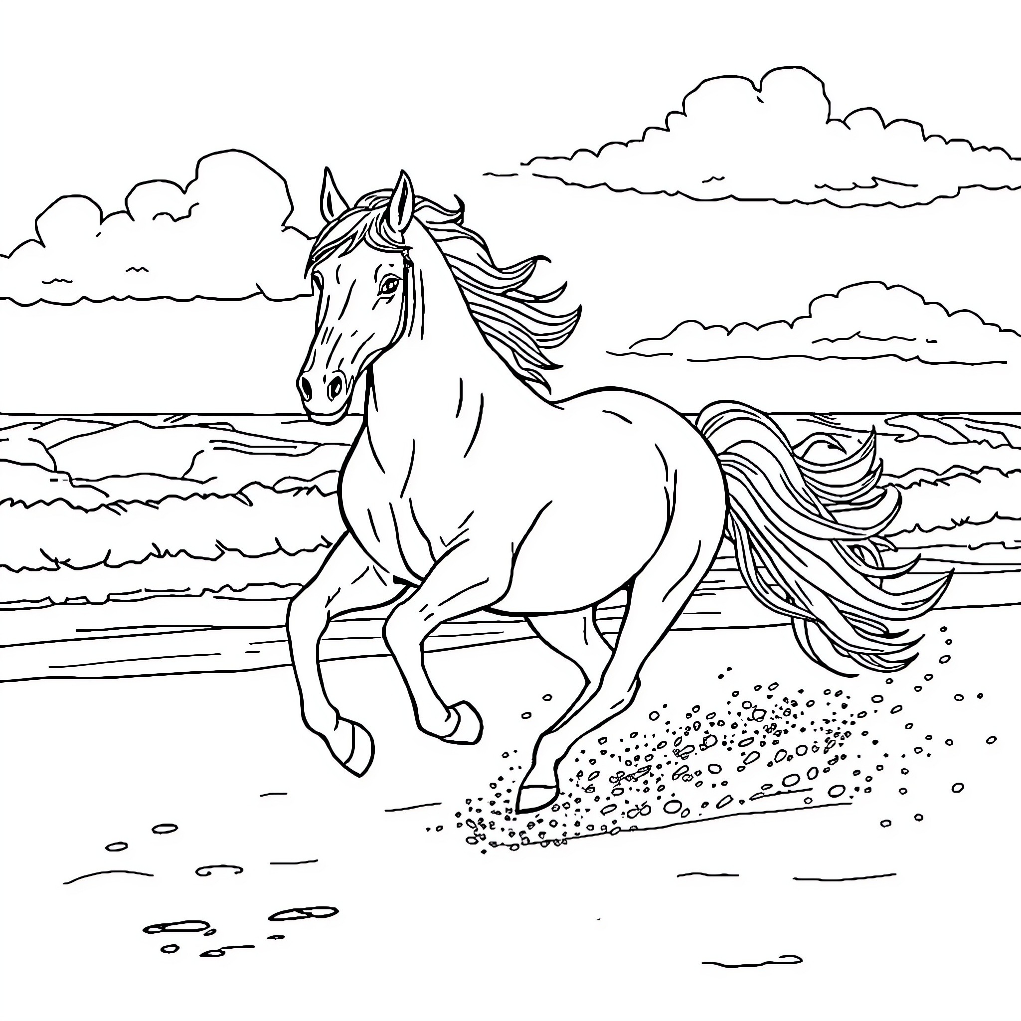 Horse galloping gracefully on the beach Coloring Page (free black-and-white line drawing printable PDF for all, from beginners to advanced learners, including children, teens, adults, and seniors)