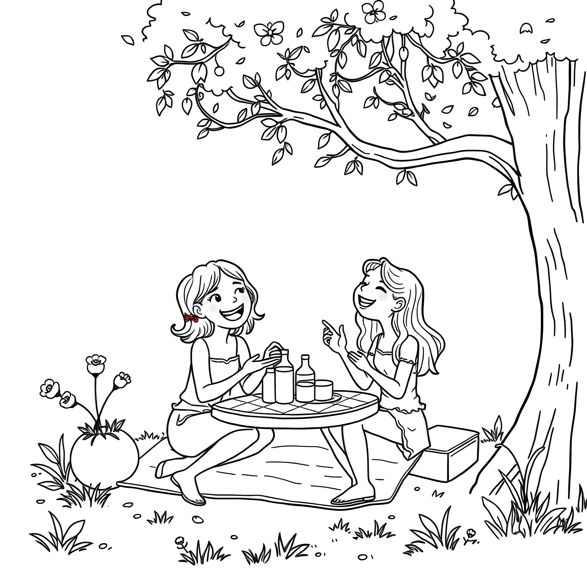 Women enjoying a picnic under a blooming tree Coloring Page (free black-and-white line drawing printable PDF for all, from beginners to advanced learners, including children, teens, adults, and seniors)