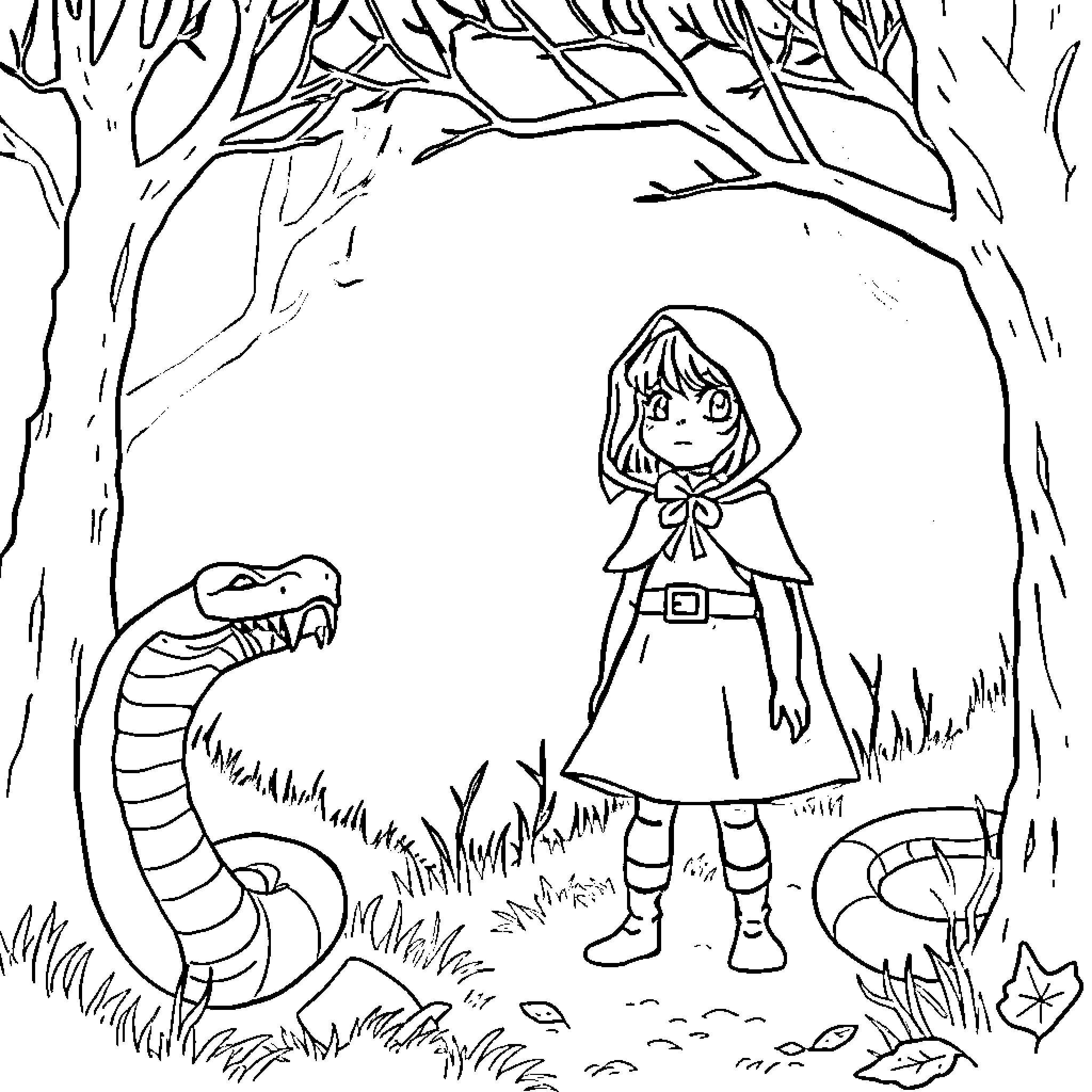Riding Hood exploring the enchanted forest Coloring Page (free black-and-white line drawing printable PDF for all, from beginners to advanced learners, including children, teens, adults, and seniors)