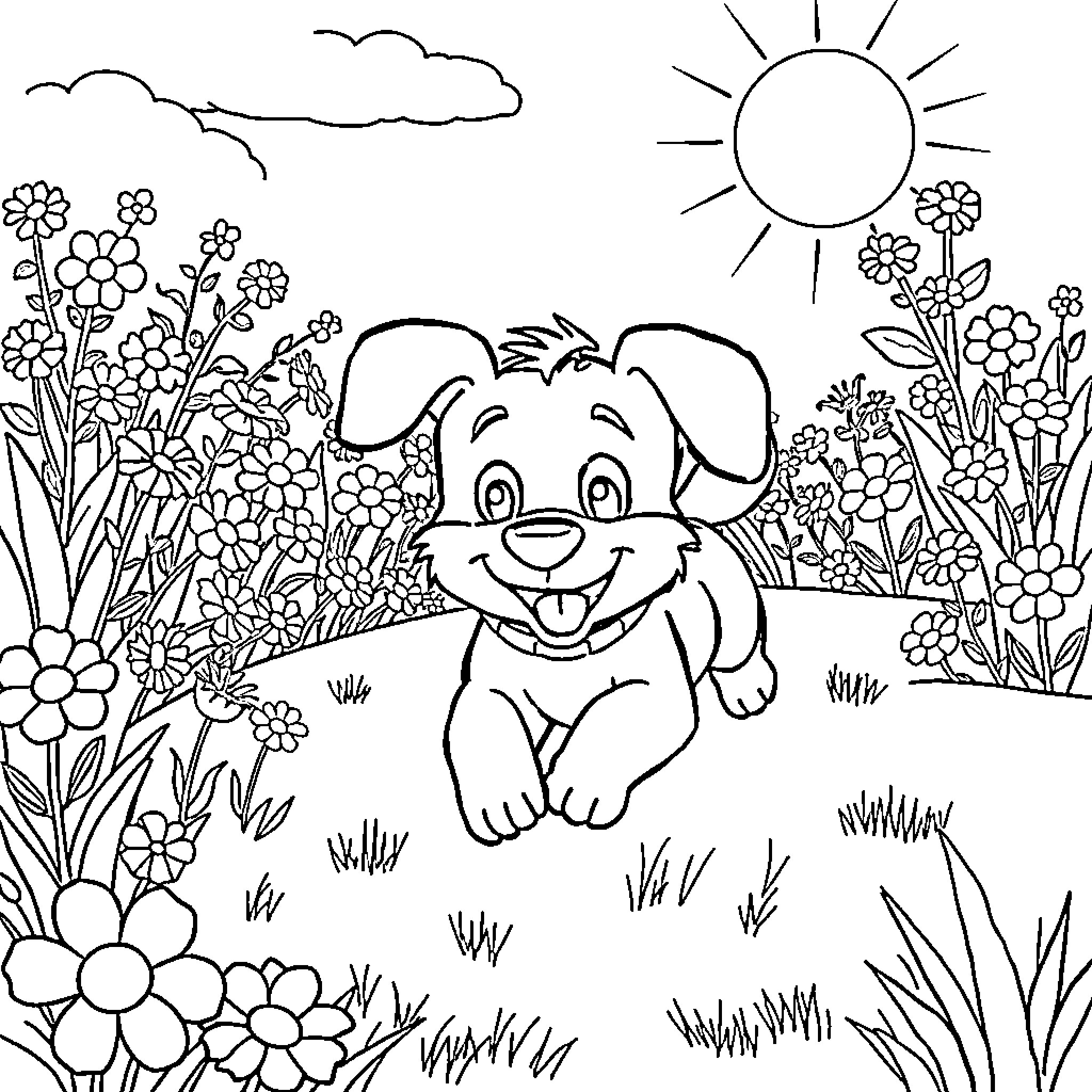 Bluey's Flower-Filled Adventure Coloring Page (free black-and-white line drawing printable PDF for all, from beginners to advanced learners, including children, teens, adults, and seniors)