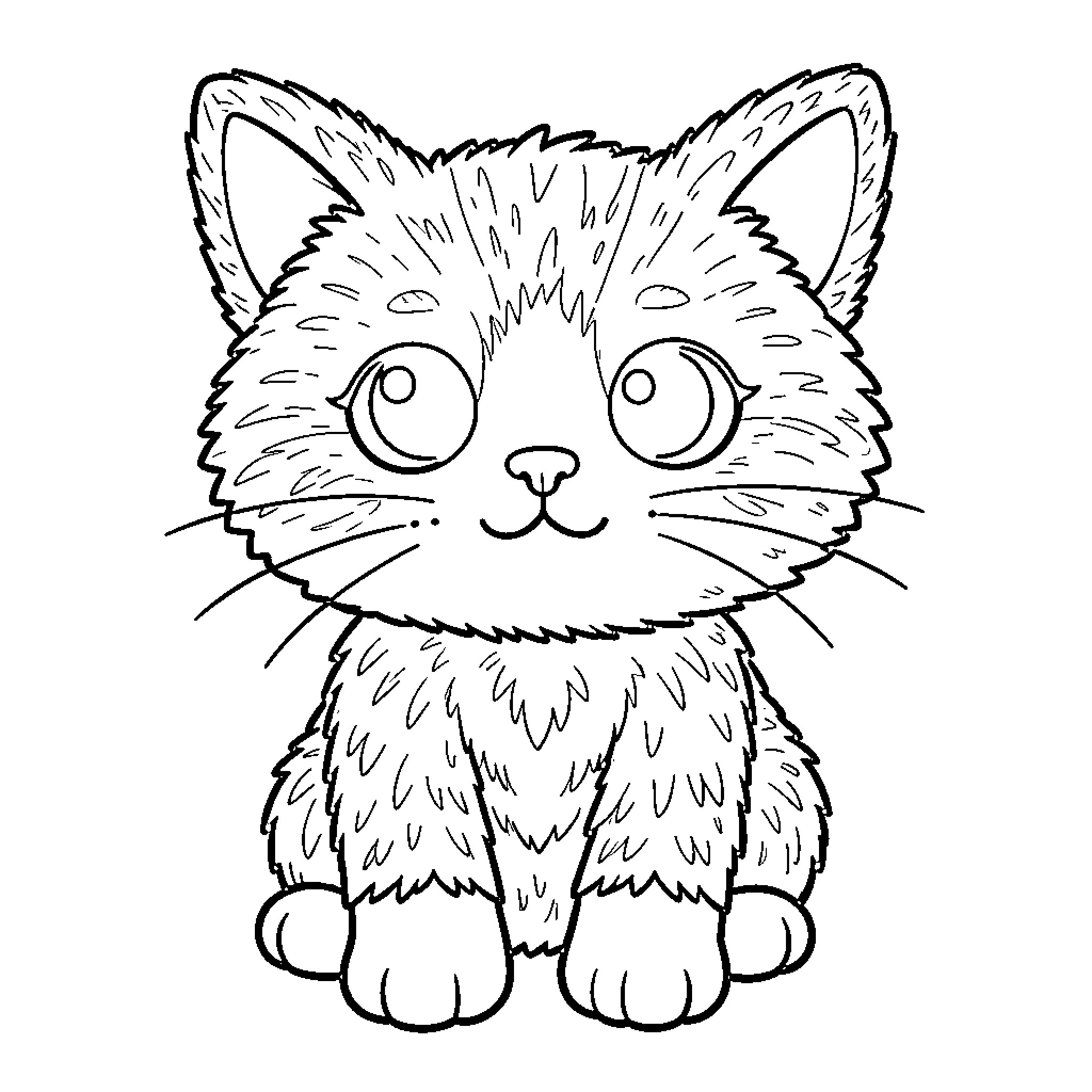 Kitten with big eyes and fluffy fur Coloring Page (free black-and-white line drawing printable PDF for all, from beginners to advanced learners, including children, teens, adults, and seniors)
