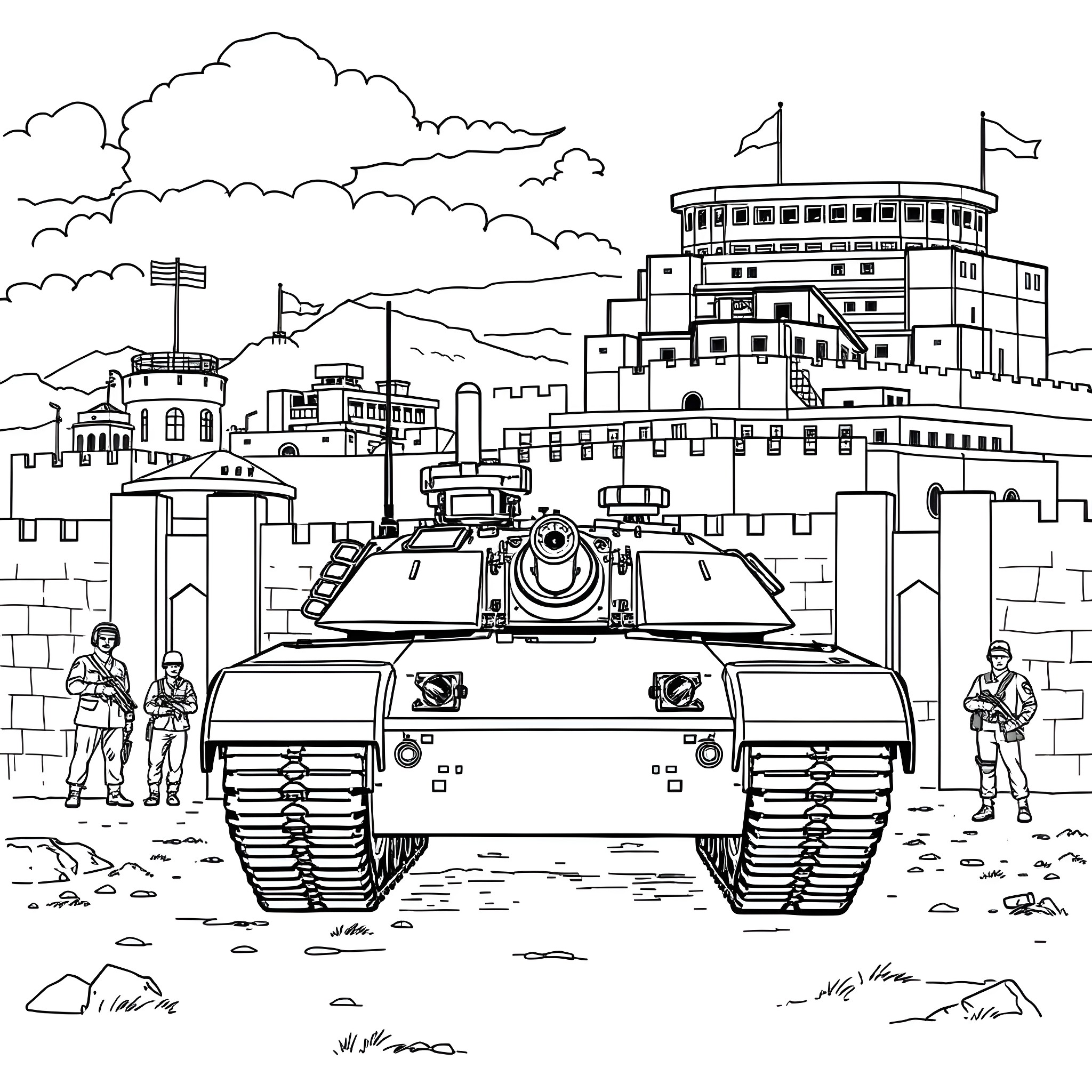Tank Advancing Through Fortified City Coloring Page (free black-and-white line drawing printable PDF for all, from beginners to advanced learners, including children, teens, adults, and seniors)