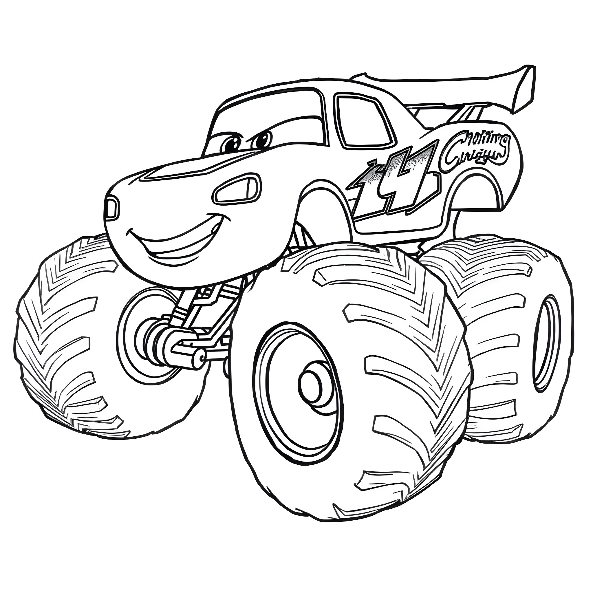 Monster Truck Performing Impressive Stunts Coloring Page (free black-and-white line drawing printable PDF for all, from beginners to advanced learners, including children, teens, adults, and seniors)