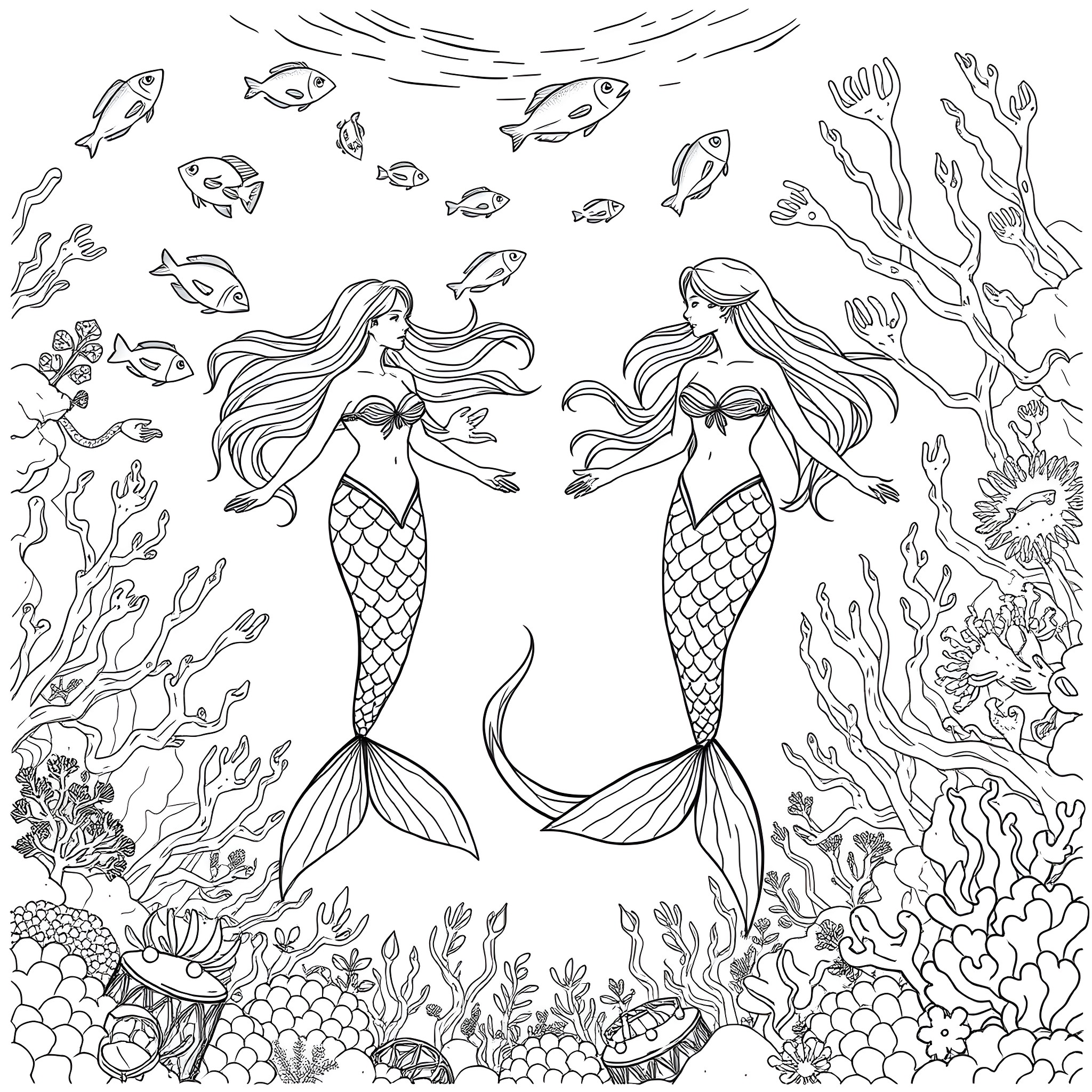 Mermaid Beauties Exploring the Underwater Wonderland Coloring Page (free black-and-white line drawing printable PDF for all, from beginners to advanced learners, including children, teens, adults, and seniors)