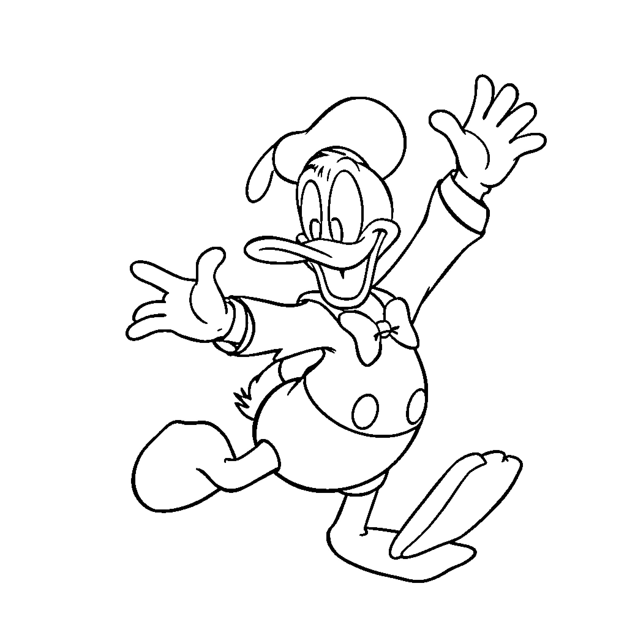 Donald Duck waving excitedly in cartoon illustration Coloring Page (free black-and-white line drawing printable PDF for all, from beginners to advanced learners, including children, teens, adults, and seniors)