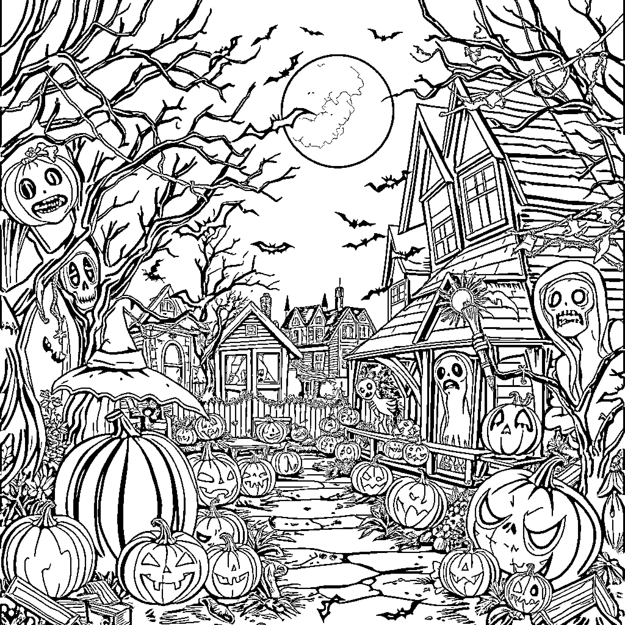 Halloween Spooky Scene with Haunted House and Pumpkins Coloring Page (free black-and-white line drawing printable PDF for all, from beginners to advanced learners, including children, teens, adults, and seniors)