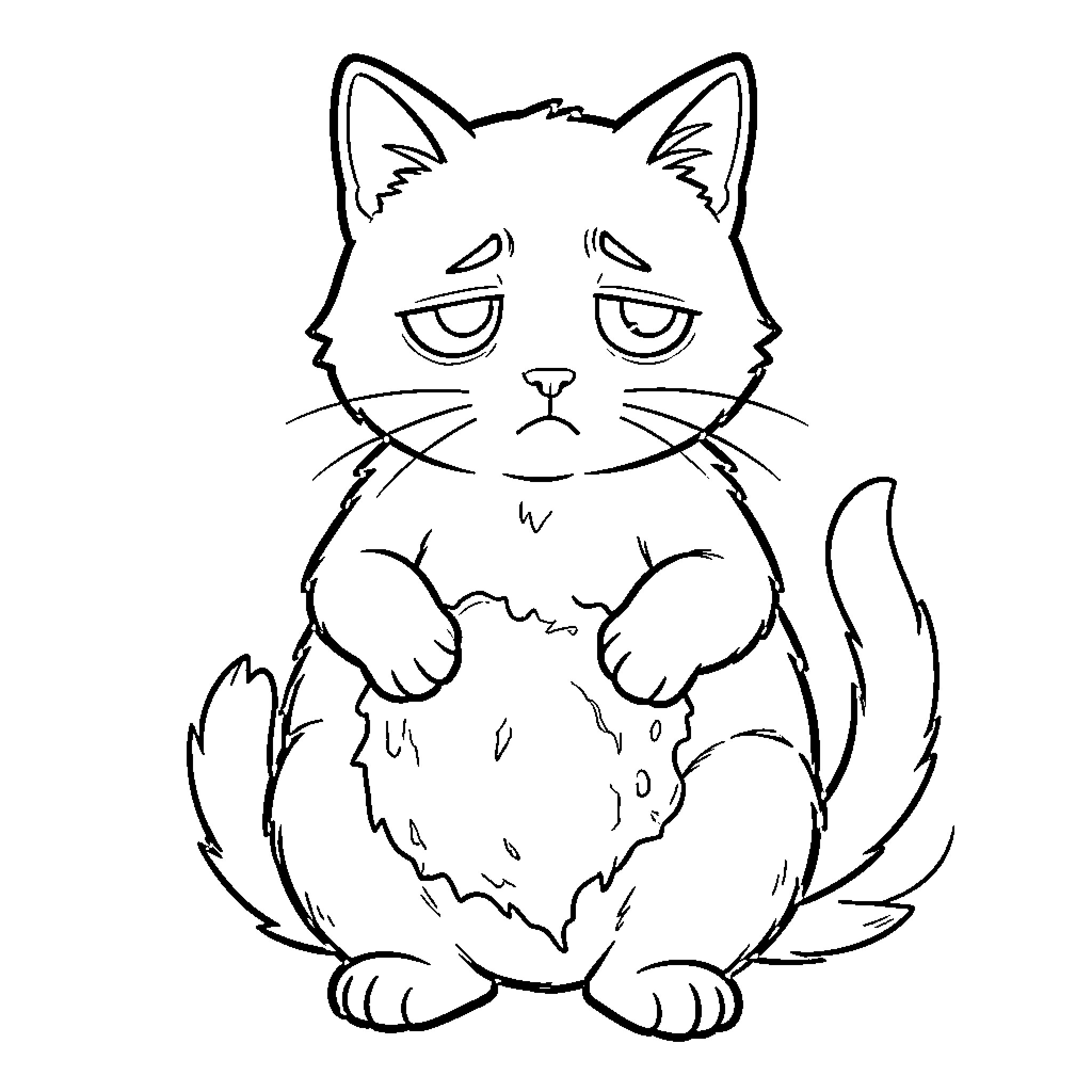 Gato expressing displeasure with folded paws Coloring Page (free black-and-white line drawing printable PDF for all, from beginners to advanced learners, including children, teens, adults, and seniors)