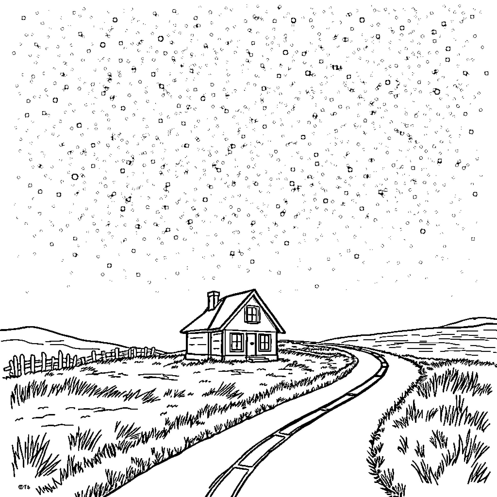 House on a country road with winding path Coloring Page (free black-and-white line drawing printable PDF for all, from beginners to advanced learners, including children, teens, adults, and seniors)