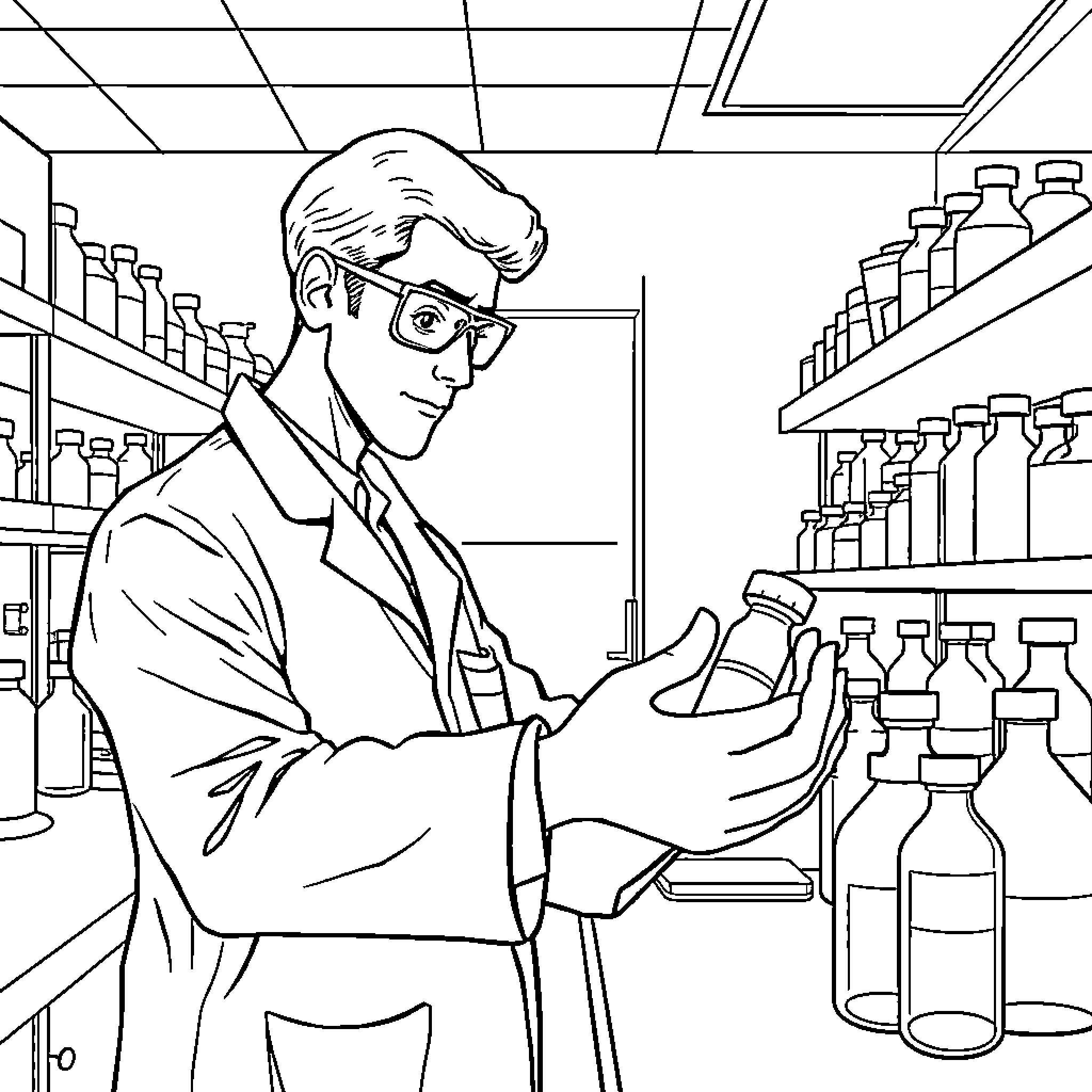 Lab Scientist Examining Chemical Samples in the Laboratory Coloring Page (free black-and-white line drawing printable PDF for all, from beginners to advanced learners, including children, teens, adults, and seniors)