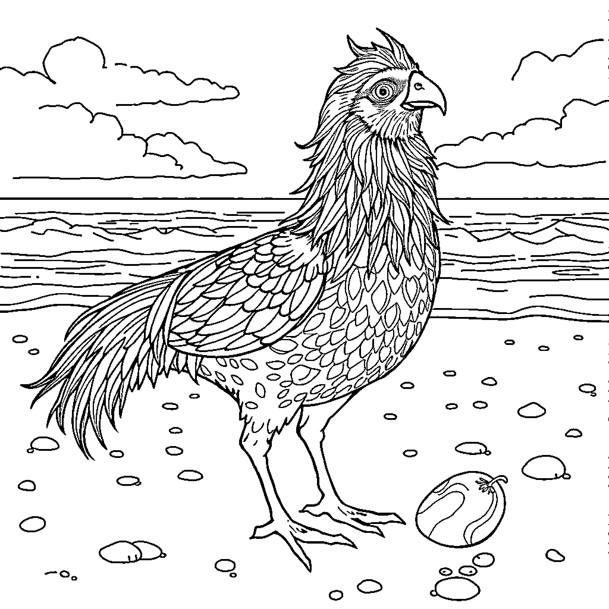 Loro bird gazing over the coastal landscape Coloring Page (free black-and-white line drawing printable PDF for all, from beginners to advanced learners, including children, teens, adults, and seniors)