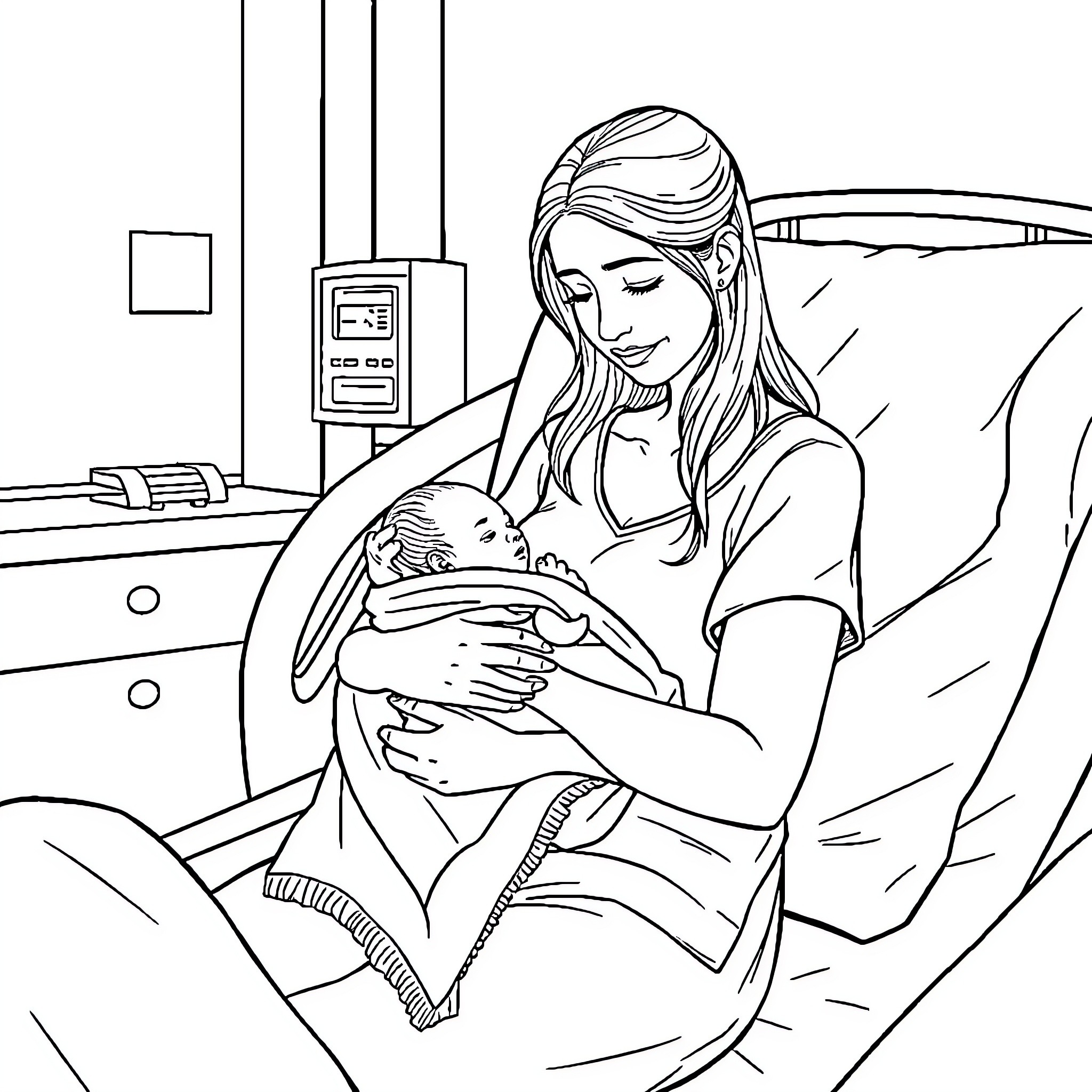 Mother cradling her newborn baby in the hospital Coloring Page (free black-and-white line drawing printable PDF for all, from beginners to advanced learners, including children, teens, adults, and seniors)