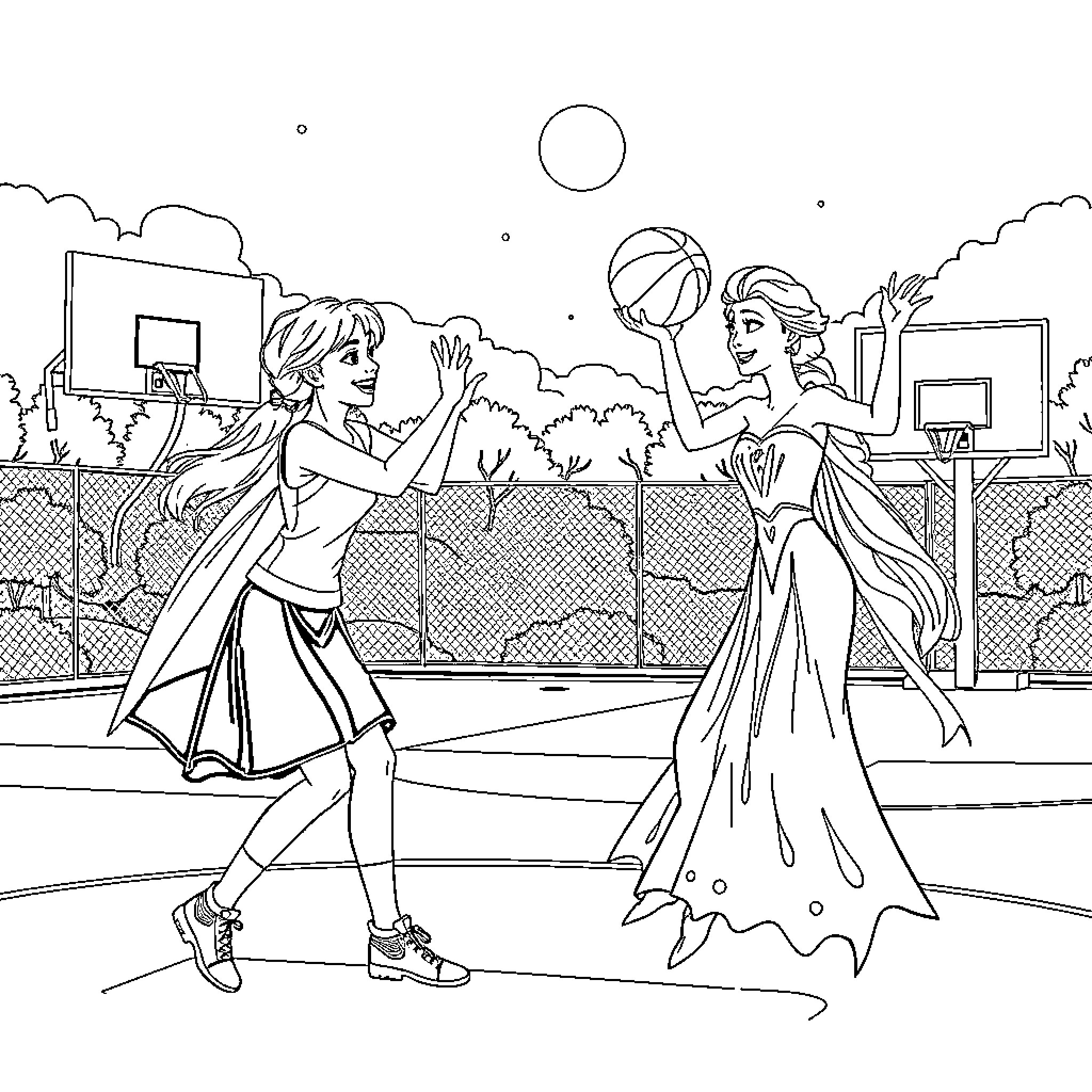 Ana and Elsa playing basketball together Coloring Page (free black-and-white line drawing printable PDF for all, from beginners to advanced learners, including children, teens, adults, and seniors)