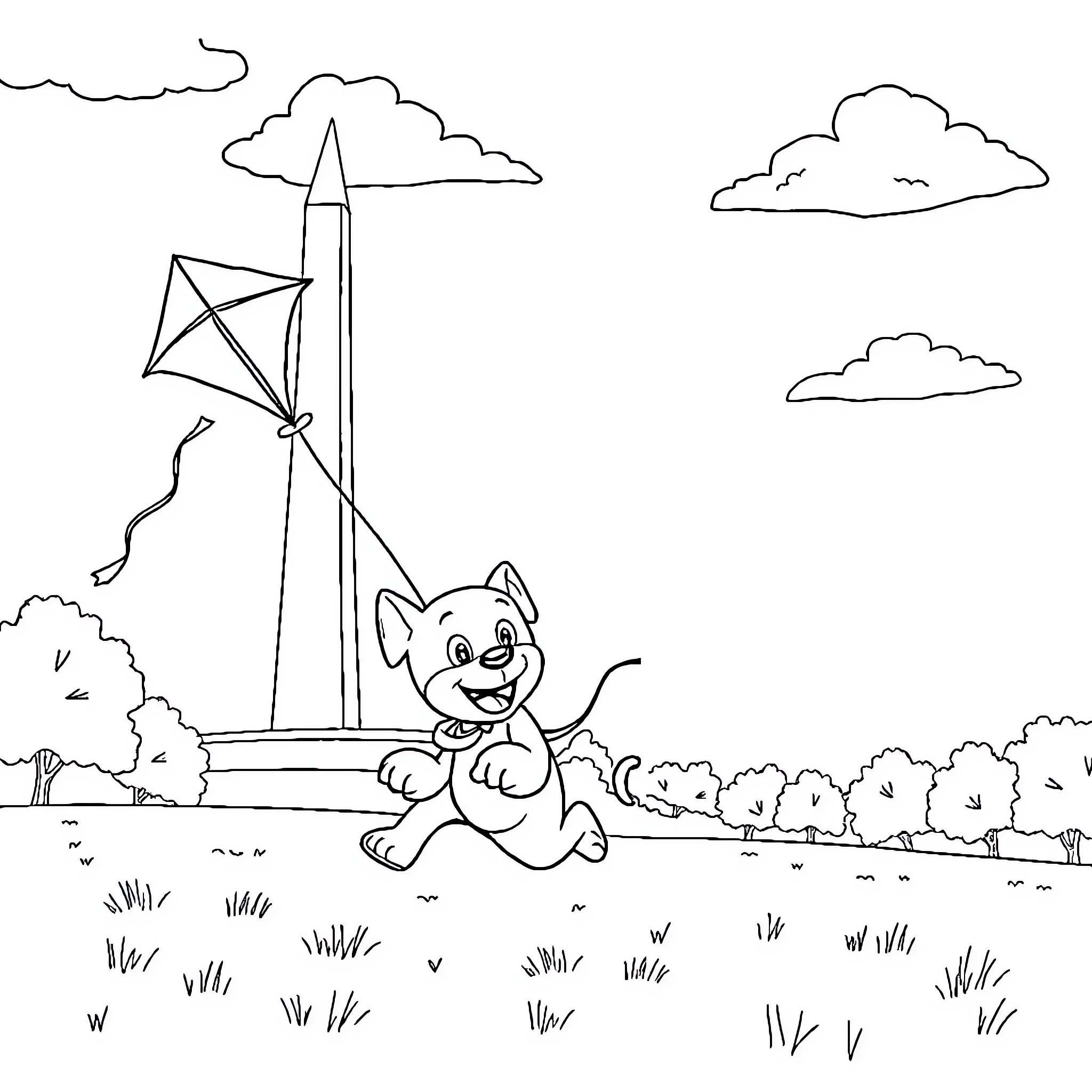 Bluey playing with a kite in the park Coloring Page (free black-and-white line drawing printable PDF for all, from beginners to advanced learners, including children, teens, adults, and seniors)