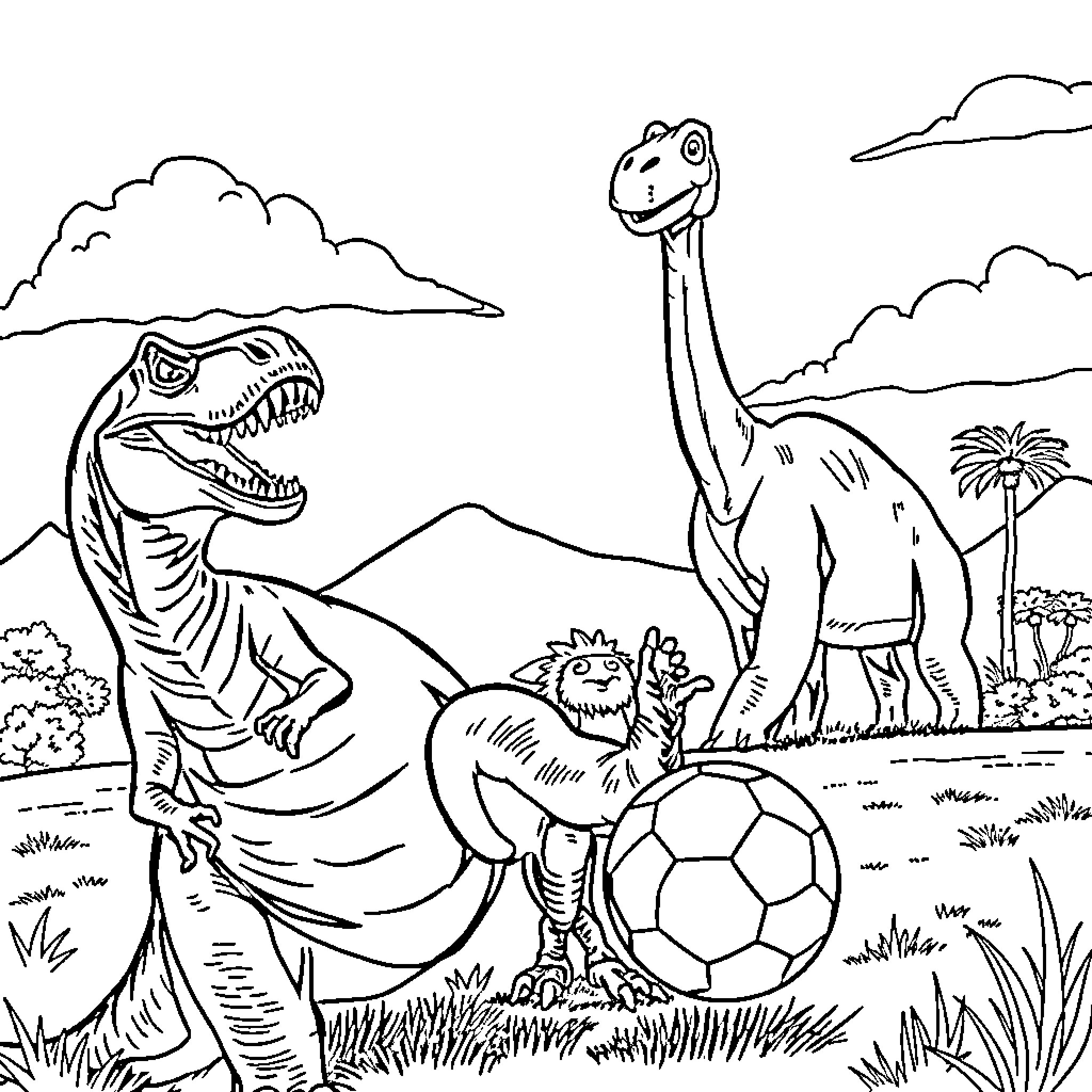 Dinosaurs playing with a ball in prehistoric landscape Coloring Page (free black-and-white line drawing printable PDF for all, from beginners to advanced learners, including children, teens, adults, and seniors)