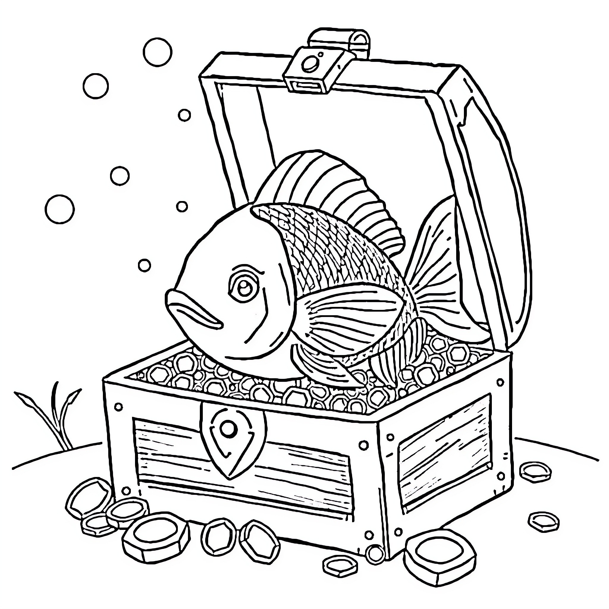 Fish trapped in a treasure chest Coloring Page (free black-and-white line drawing printable PDF for all, from beginners to advanced learners, including children, teens, adults, and seniors)