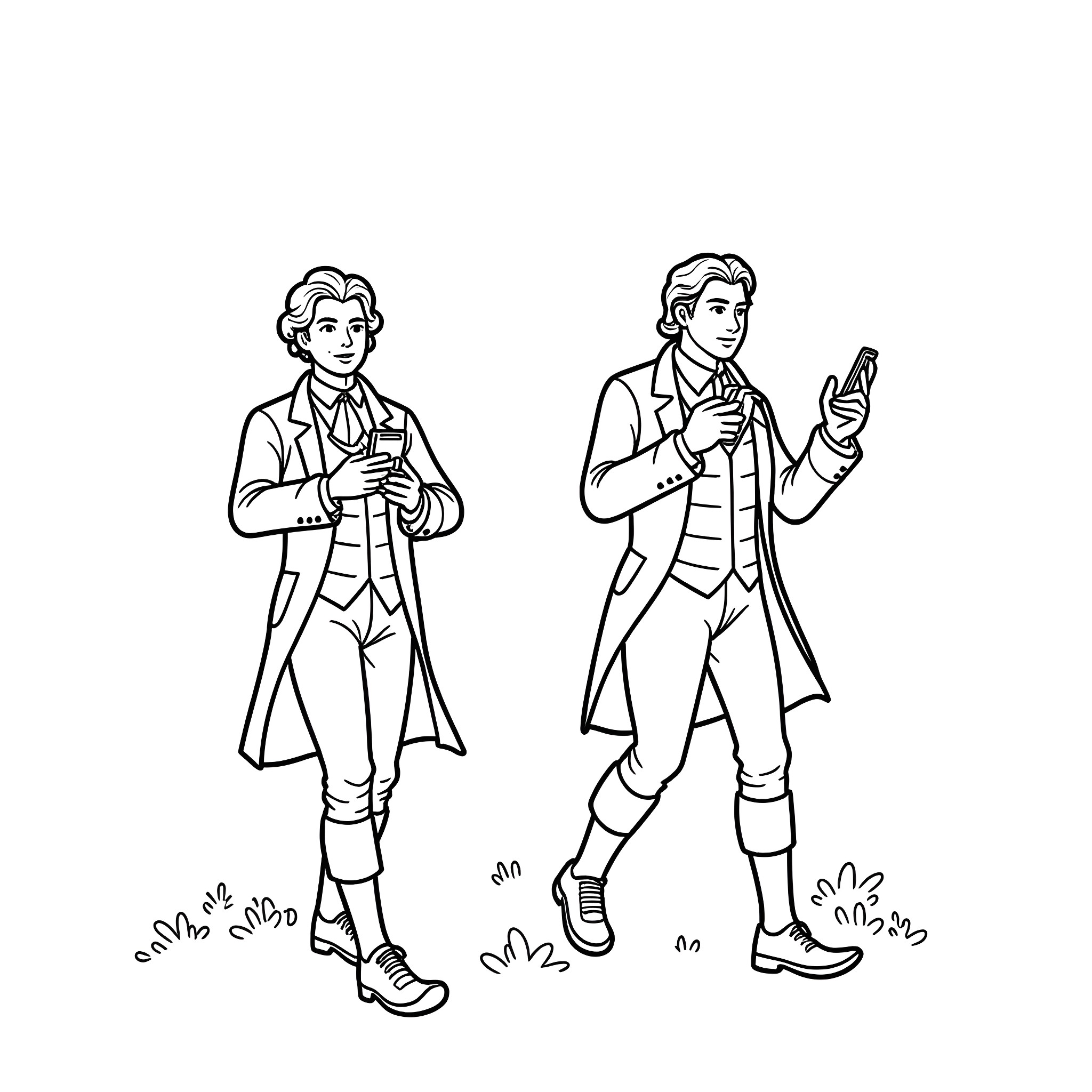 Aaron Burr and Alexander Hamilton in Formal Attire Coloring Page (free black-and-white line drawing printable PDF for all, from beginners to advanced learners, including children, teens, adults, and seniors)