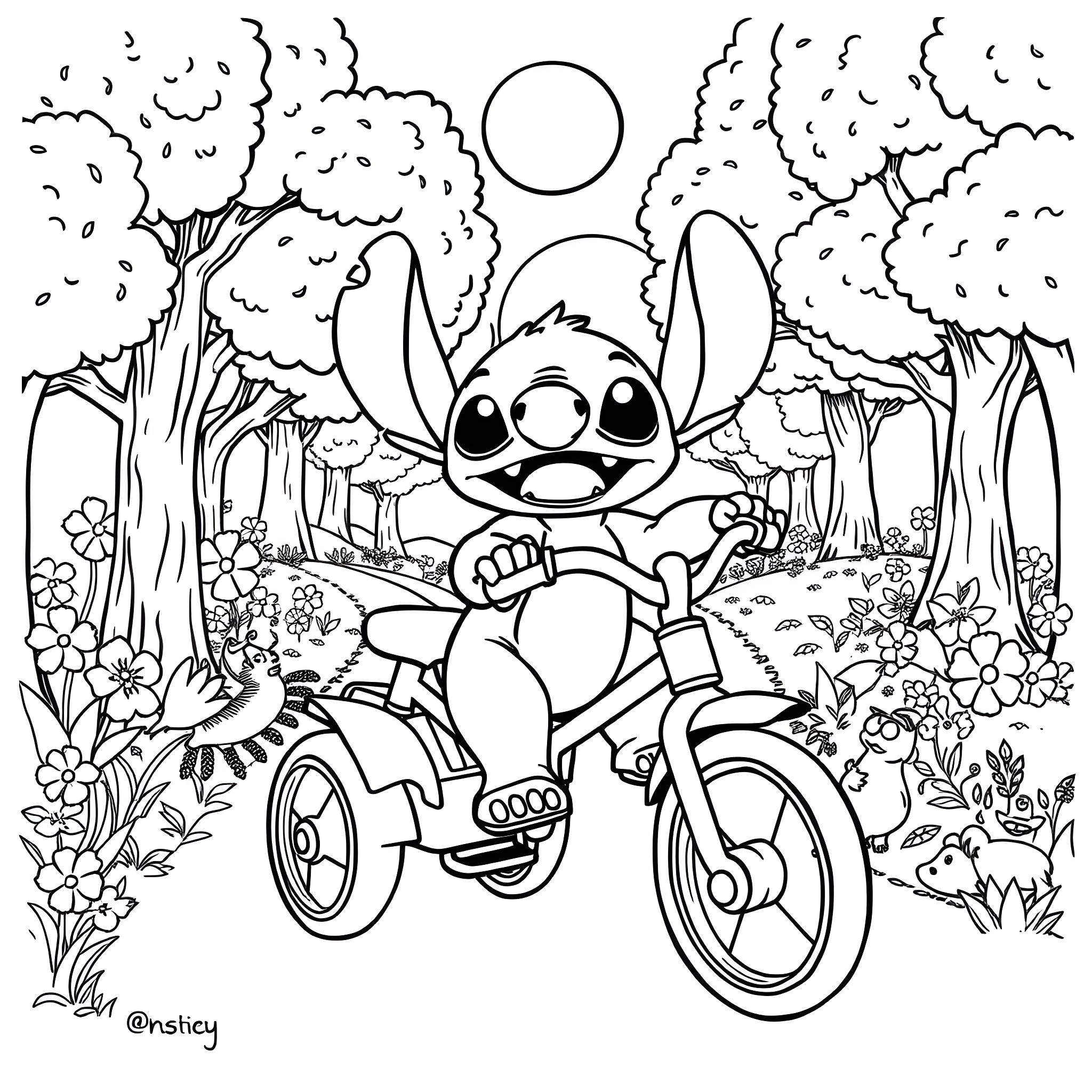 Stitch riding a bicycle in a whimsical forest Coloring Page (free black-and-white line drawing printable PDF for all, from beginners to advanced learners, including children, teens, adults, and seniors)