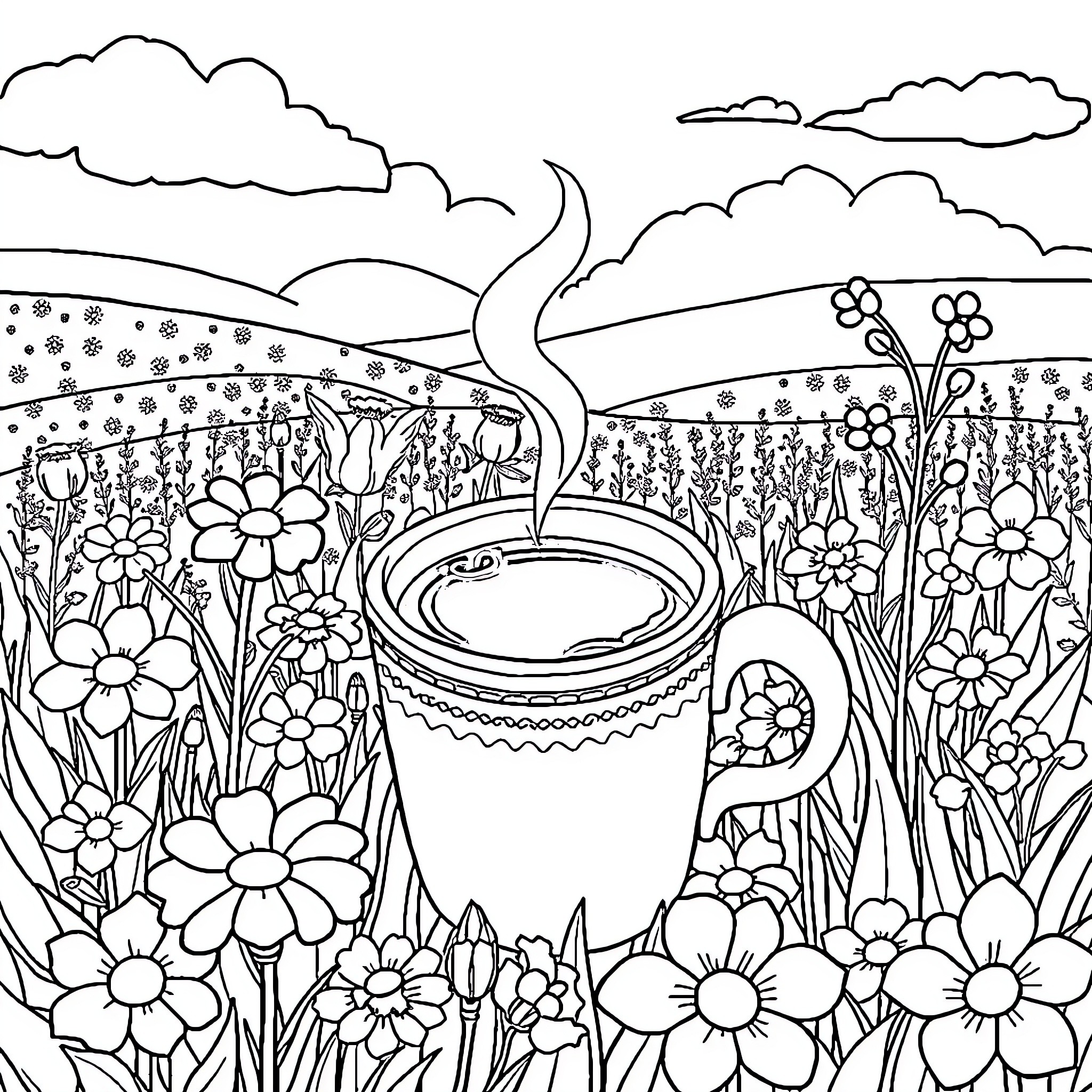Coffee in a Cozy Floral Landscape Coloring Page (free black-and-white line drawing printable PDF for all, from beginners to advanced learners, including children, teens, adults, and seniors)