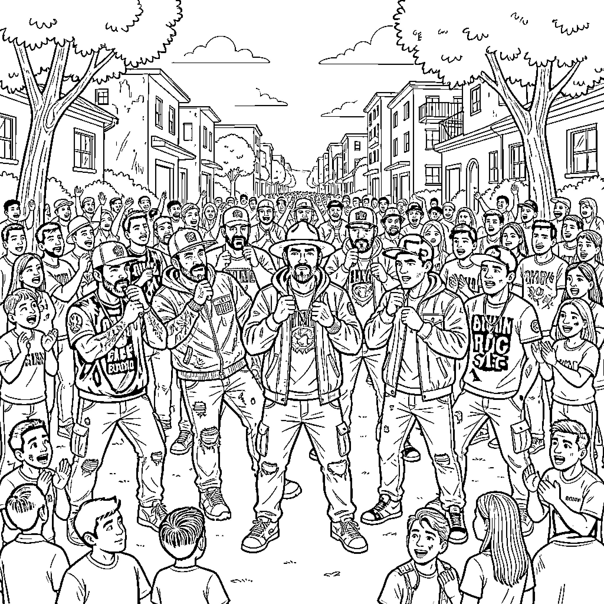 Rapper performing for a large crowd on a city street Coloring Page (free black-and-white line drawing printable PDF for all, from beginners to advanced learners, including children, teens, adults, and seniors)