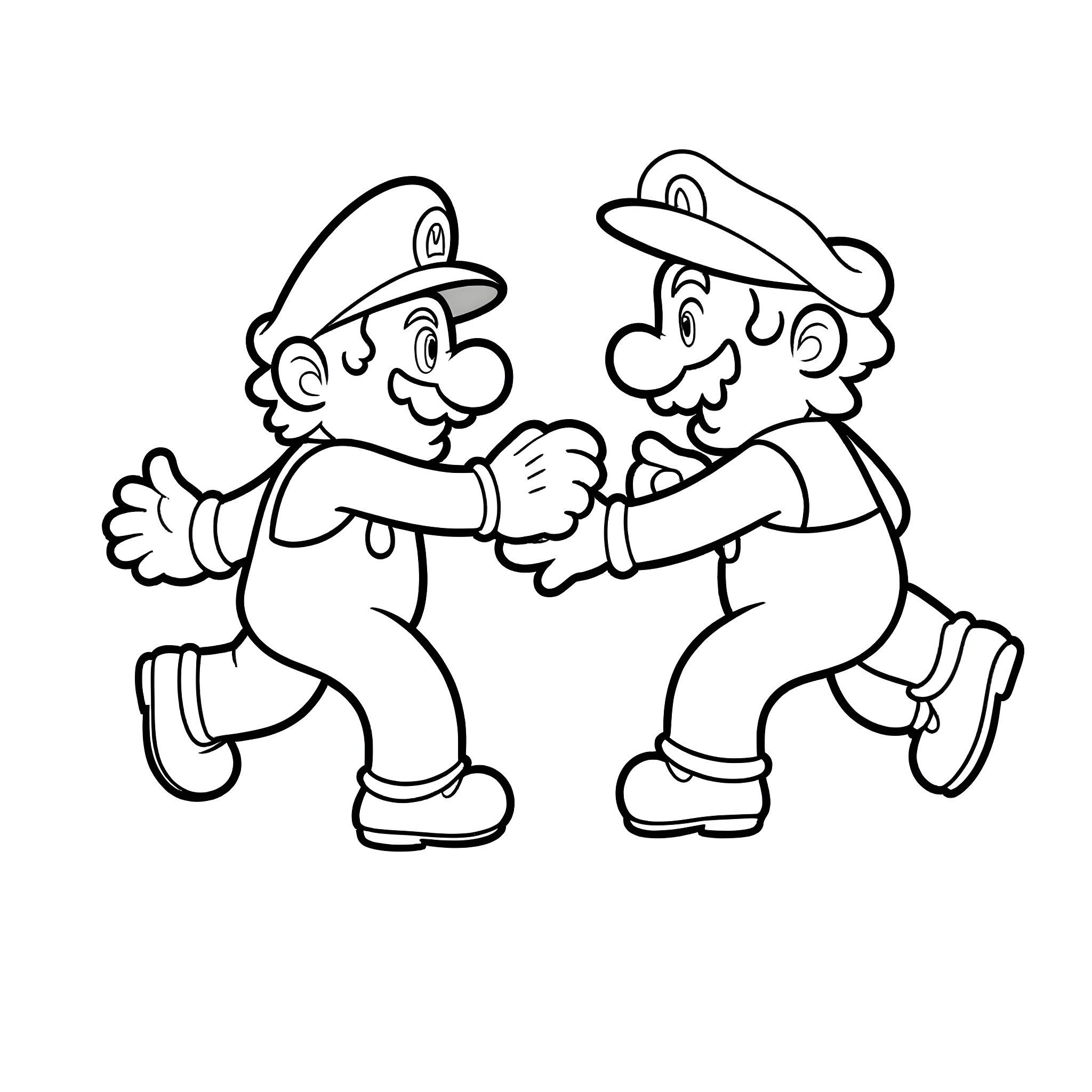 Mario brothers playing together happily Coloring Page (free black-and-white line drawing printable PDF for all, from beginners to advanced learners, including children, teens, adults, and seniors)