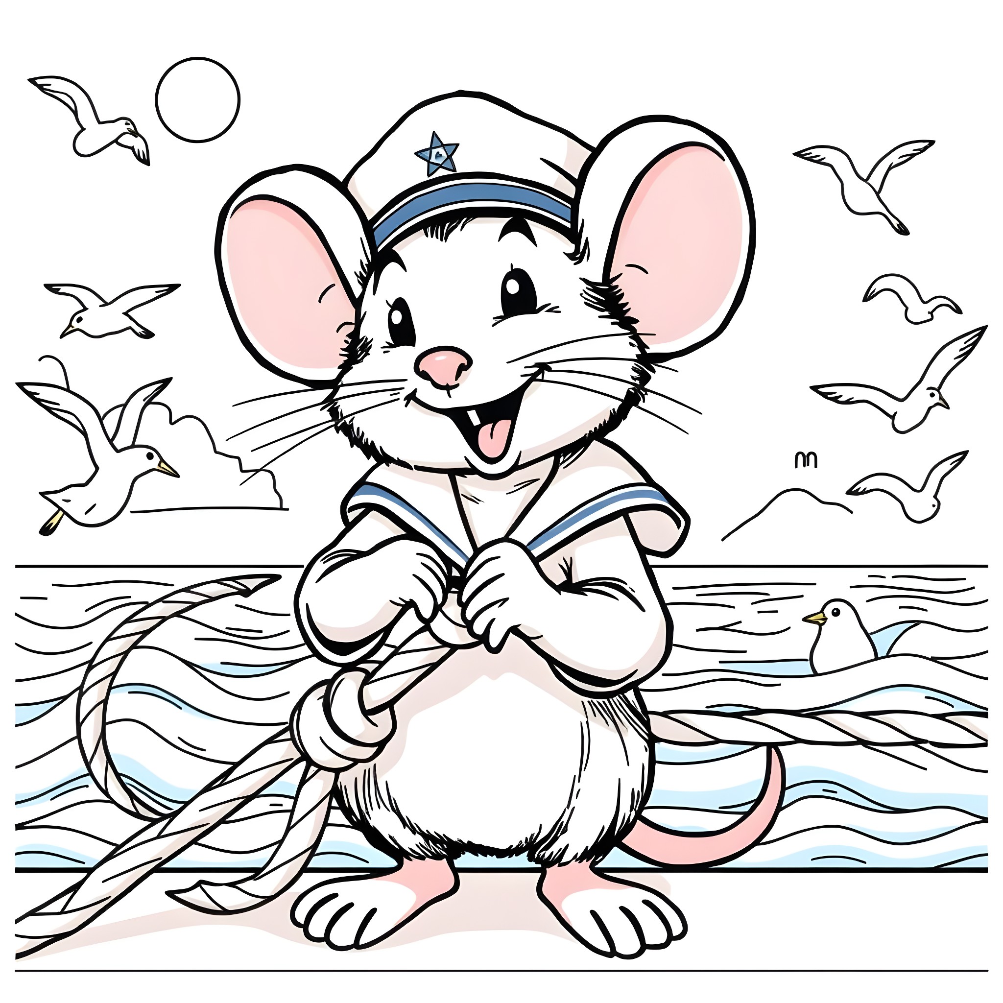 Mouse sailor standing on the beach Coloring Page (free black-and-white line drawing printable PDF for all, from beginners to advanced learners, including children, teens, adults, and seniors)