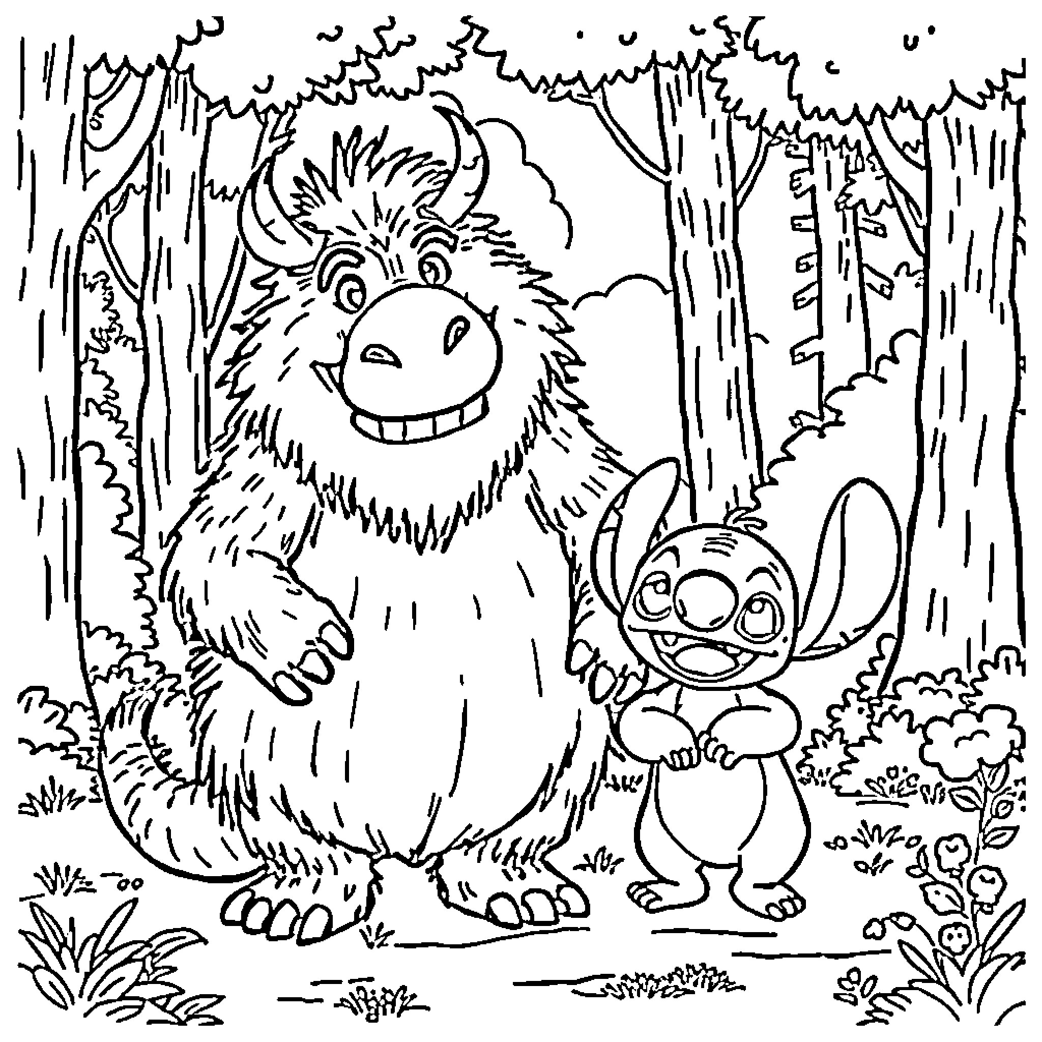 Gruffalo and Creature Exploring the Forest Coloring Page (free black-and-white line drawing printable PDF for all, from beginners to advanced learners, including children, teens, adults, and seniors)