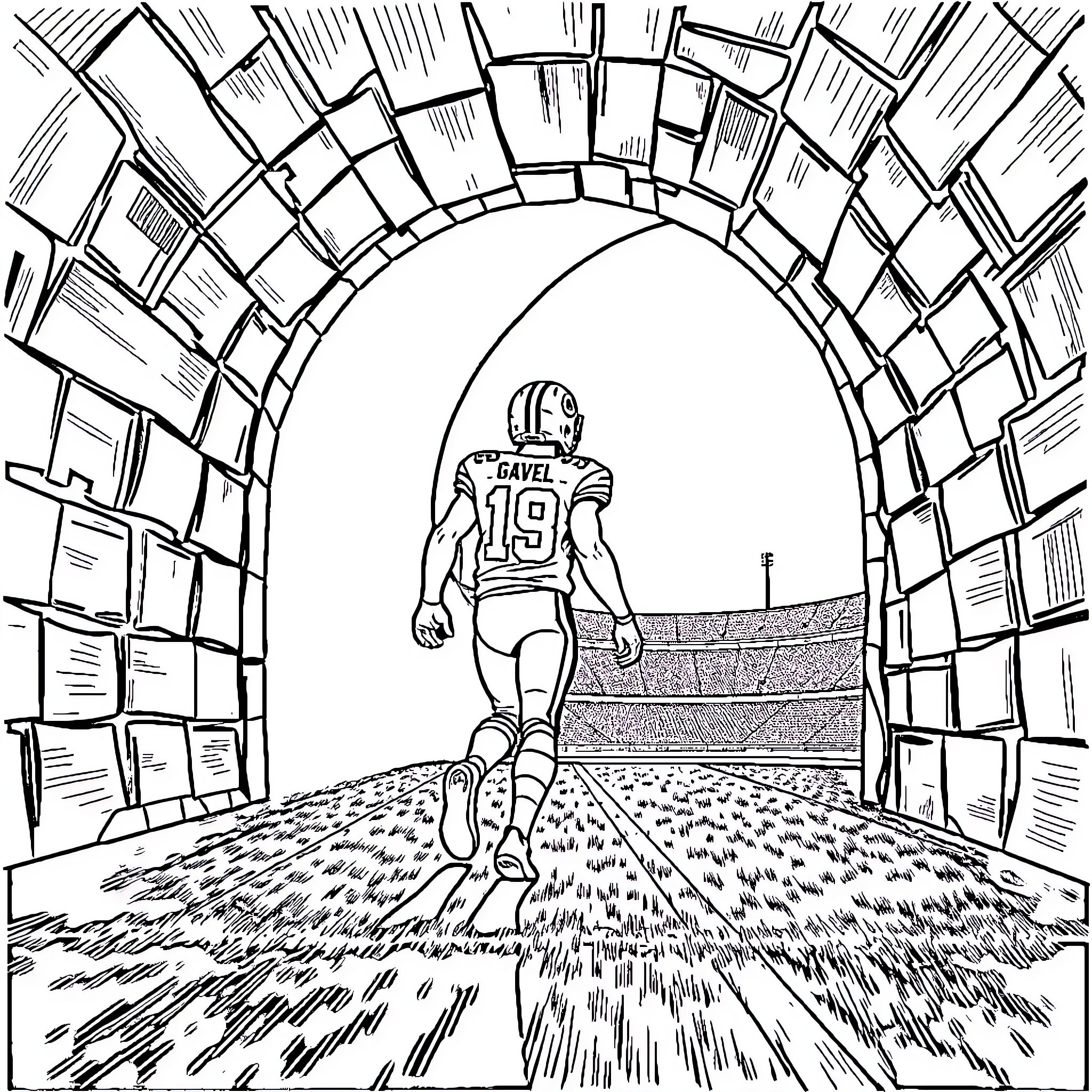 Justin Herbert Running Through the Tunnel Coloring Page (free black-and-white line drawing printable PDF for all, from beginners to advanced learners, including children, teens, adults, and seniors)