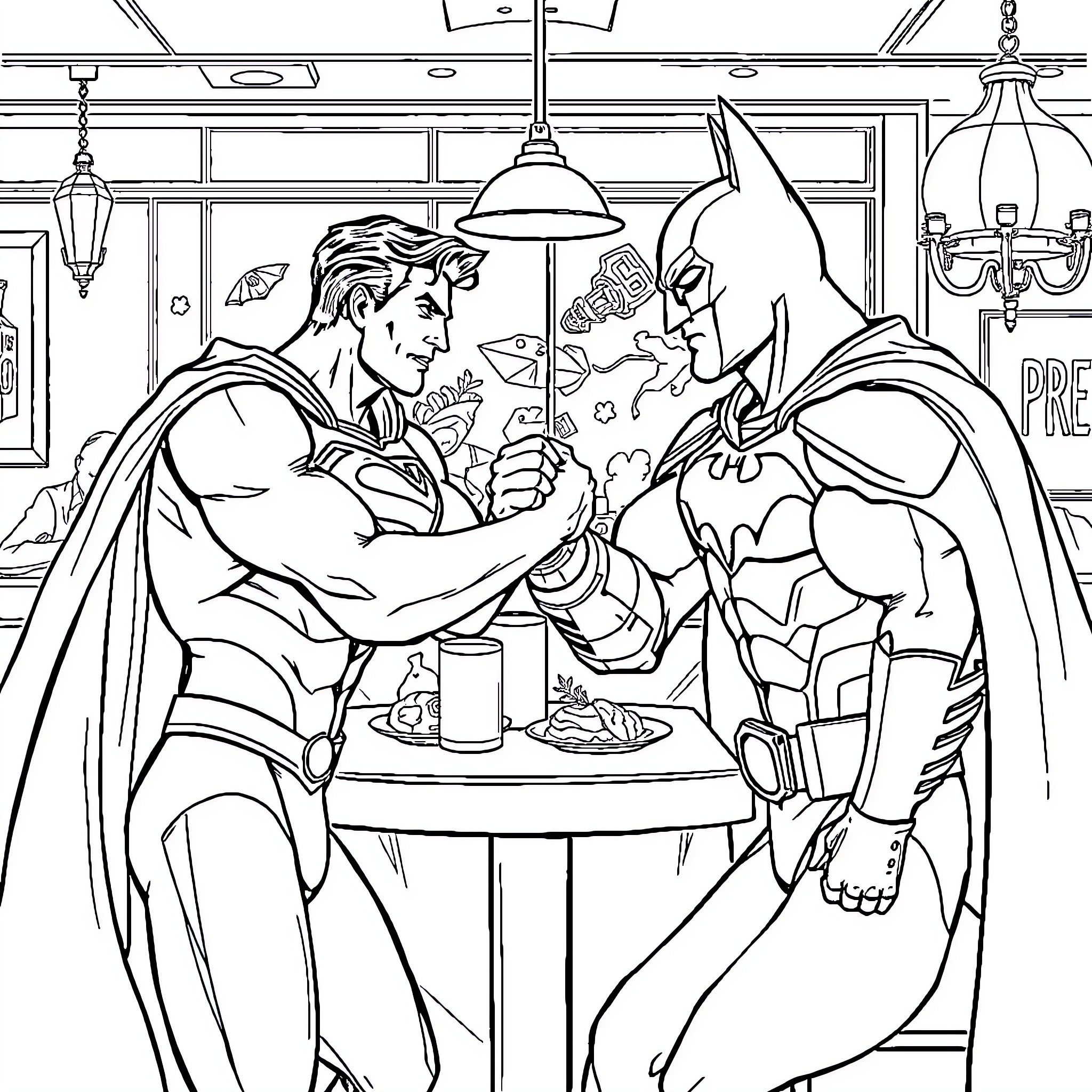 Superman and Batman in a Friendly Encounter Coloring Page (free black-and-white line drawing printable PDF for all, from beginners to advanced learners, including children, teens, adults, and seniors)