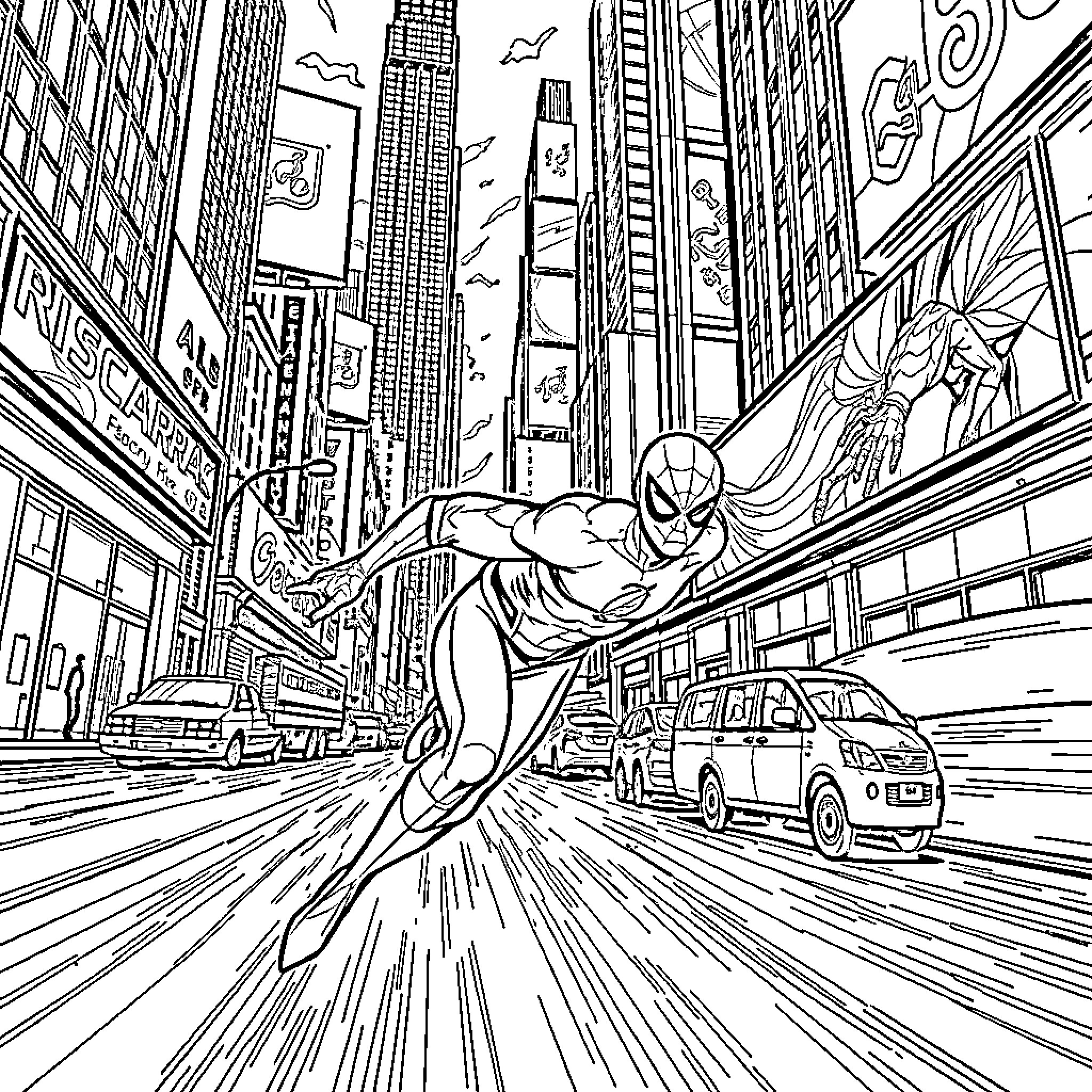 Flash Soaring Through the City Skyline Coloring Page (free black-and-white line drawing printable PDF for all, from beginners to advanced learners, including children, teens, adults, and seniors)
