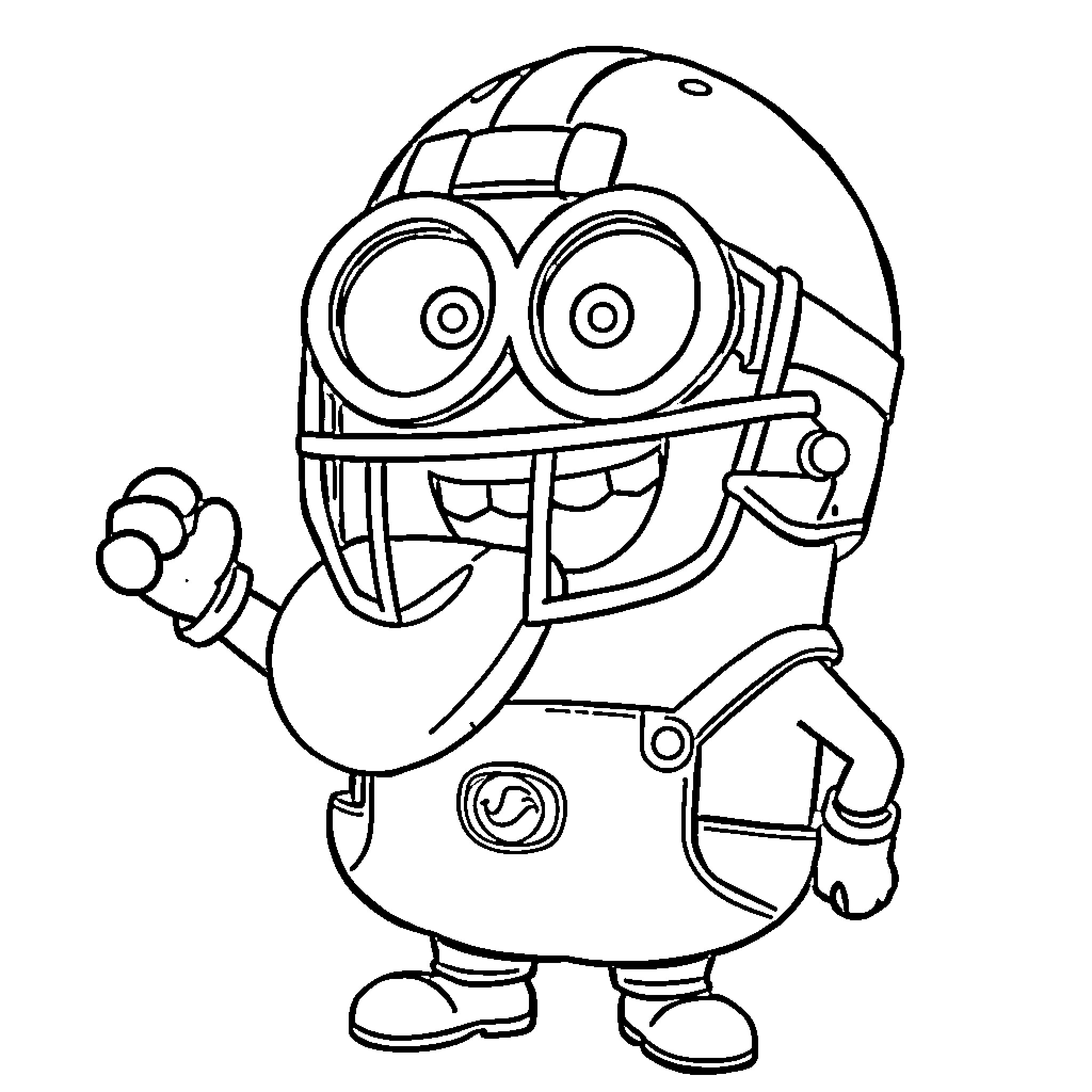 Minion wearing sports equipment and waving Coloring Page (free black-and-white line drawing printable PDF for all, from beginners to advanced learners, including children, teens, adults, and seniors)
