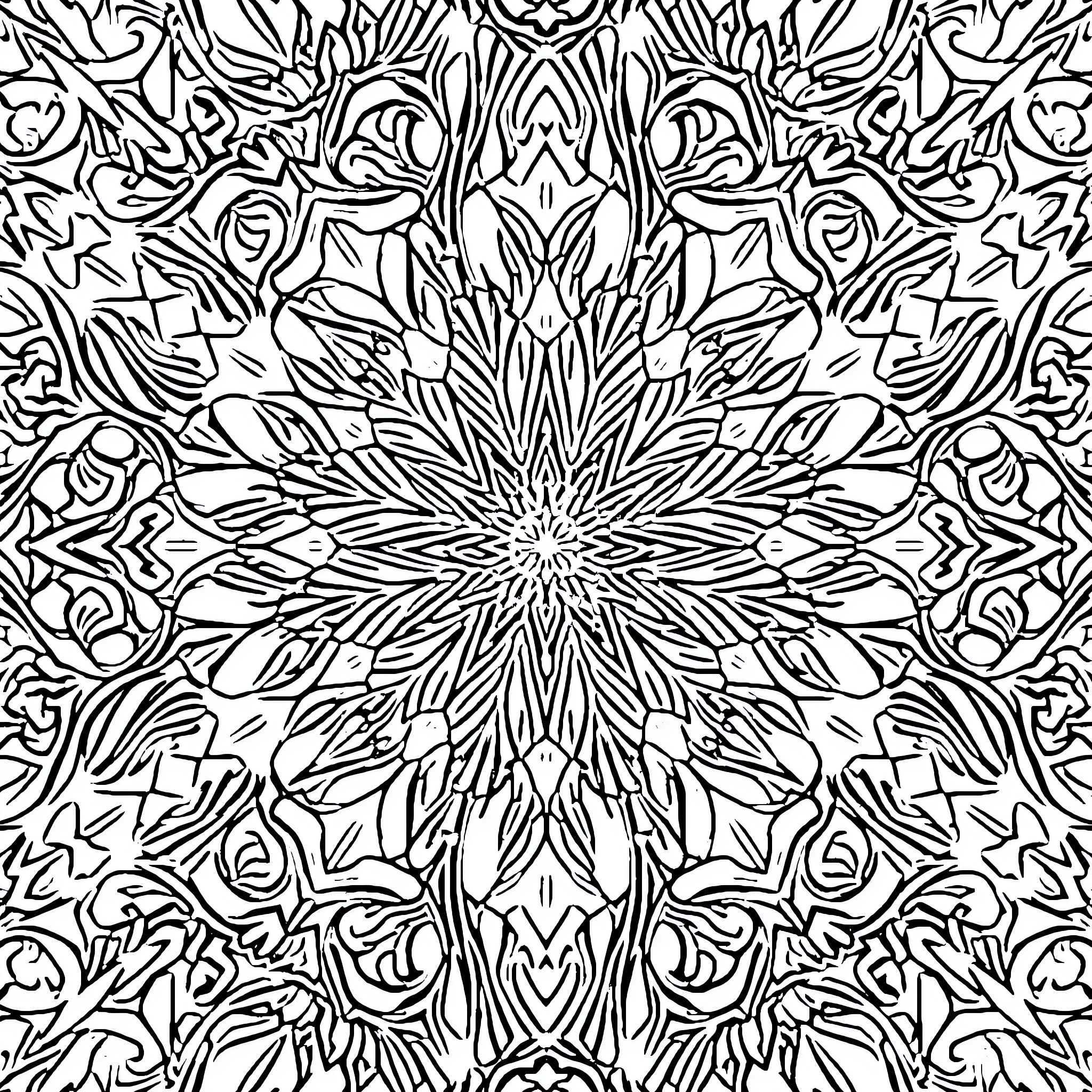 Fractal pattern of abstract floral elements Coloring Page (free black-and-white line drawing printable PDF for all, from beginners to advanced learners, including children, teens, adults, and seniors)